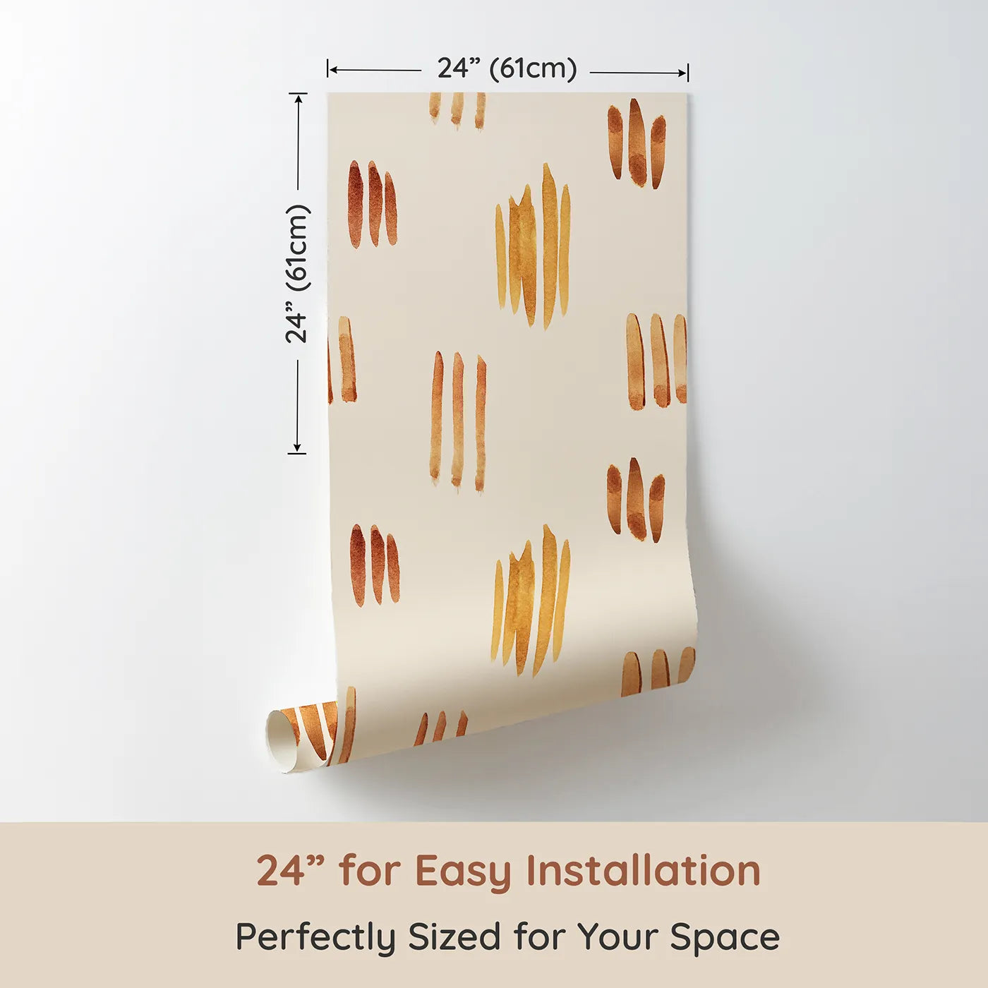 Dimension view of Whimsy Tots Painted Simplicity Wallpaper in Cream (W3374C). Printed in 24-inch-wide panel for easy installation. Warm brushstrokes float gently across a creamy backdrop.