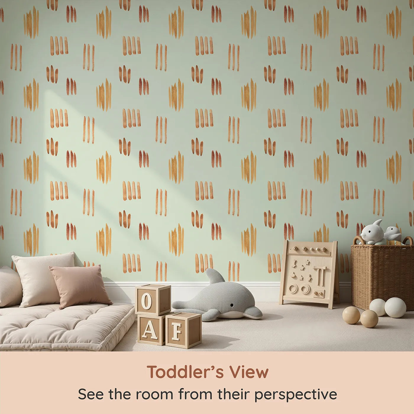 Whimsy Tots Painted Simplicity Wallpaper in Mint Green (W3374D) from your child's view.Golden brushstrokes dance across a soft minty breeze.