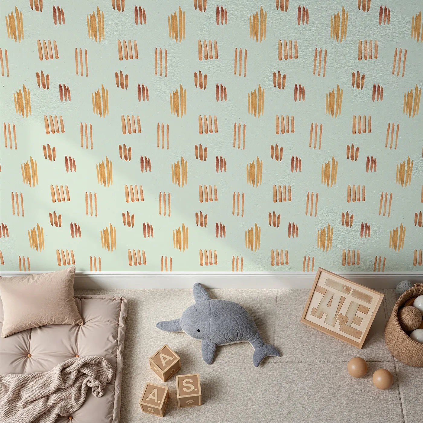 Top-Down view of Whimsy Tots' Painted Simplicity Wallpaper in Mint Green (W3374D).Golden brushstrokes dance across a soft minty breeze.