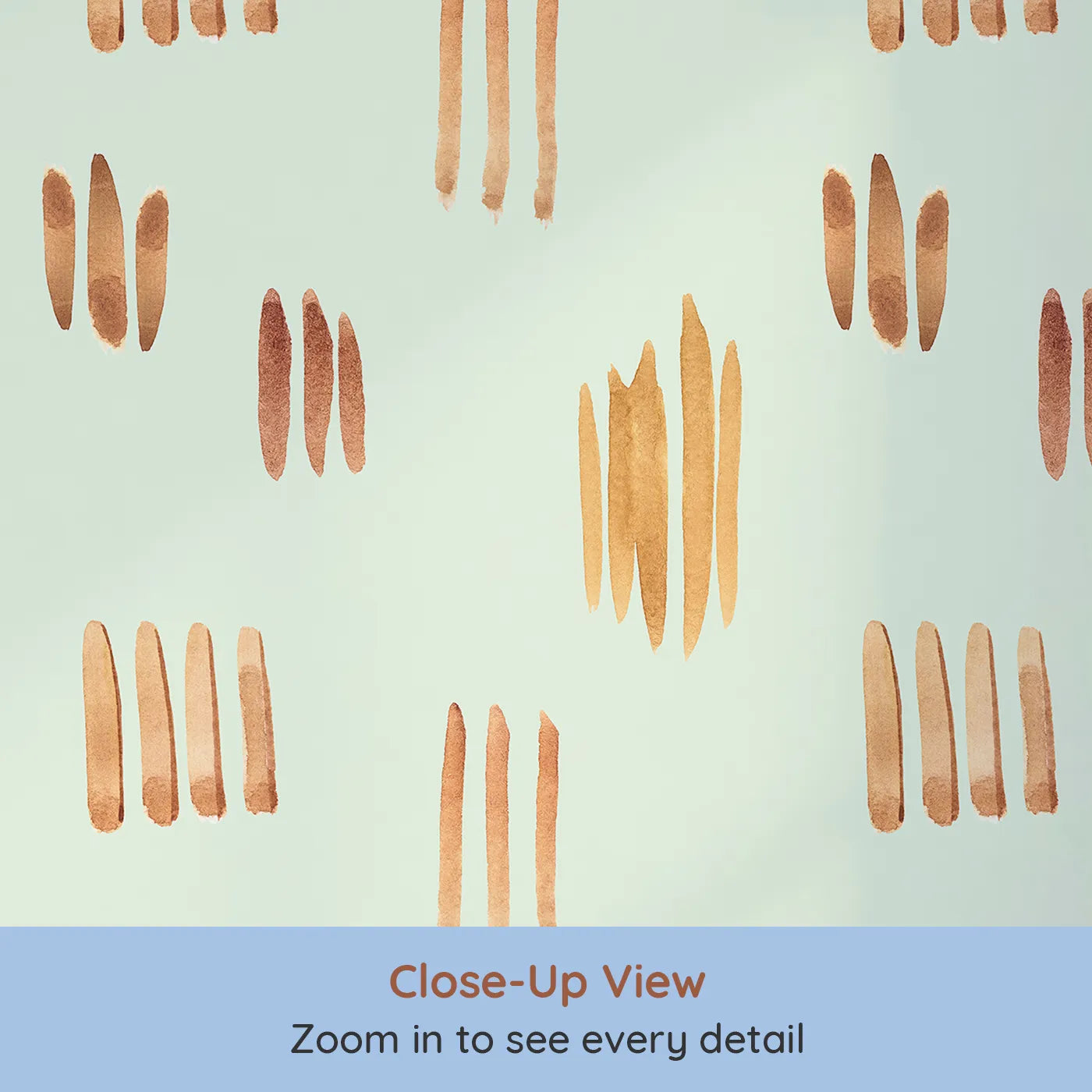 Close-up view of Whimsy Tots' Painted Simplicity Wallpaper in Mint Green (W3374D).Golden brushstrokes dance across a soft minty breeze.