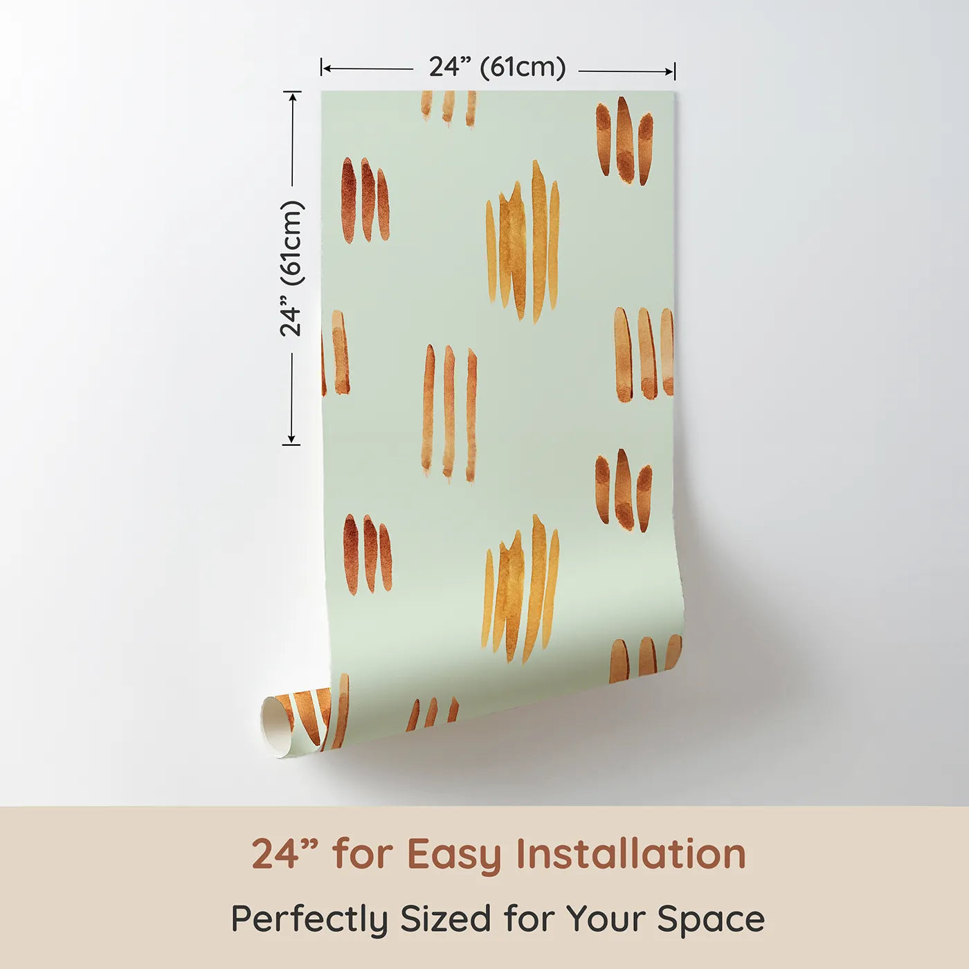 Dimension view of Whimsy Tots Painted Simplicity Wallpaper in Mint Green (W3374D). Printed in 24-inch-wide panel for easy installation. Golden brushstrokes dance across a soft minty breeze.