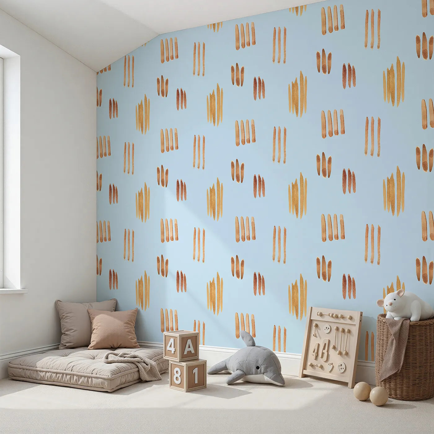 Angled view of Whimsy Tots' Painted Simplicity Wallpaper in Sky (W3374E).Golden strokes float gently on a clear sky blue.