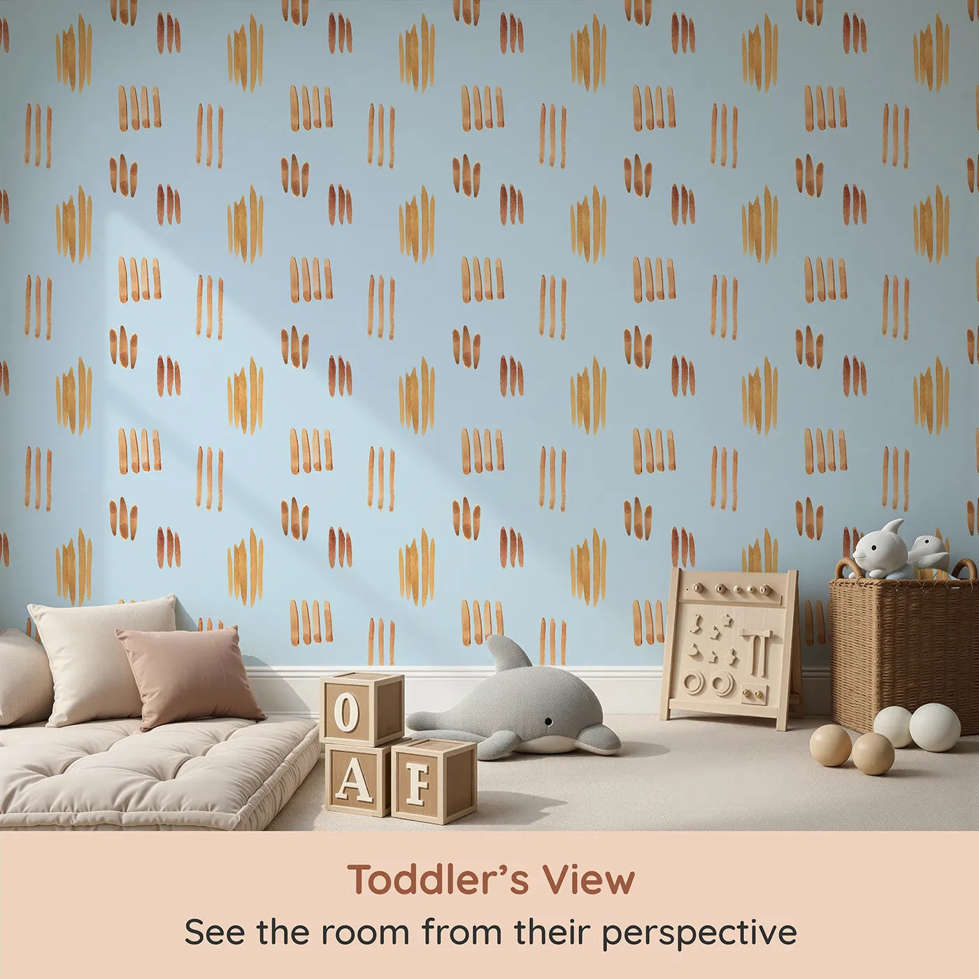 Whimsy Tots Painted Simplicity Wallpaper in Sky (W3374E) from your child's view.Golden strokes float gently on a clear sky blue.
