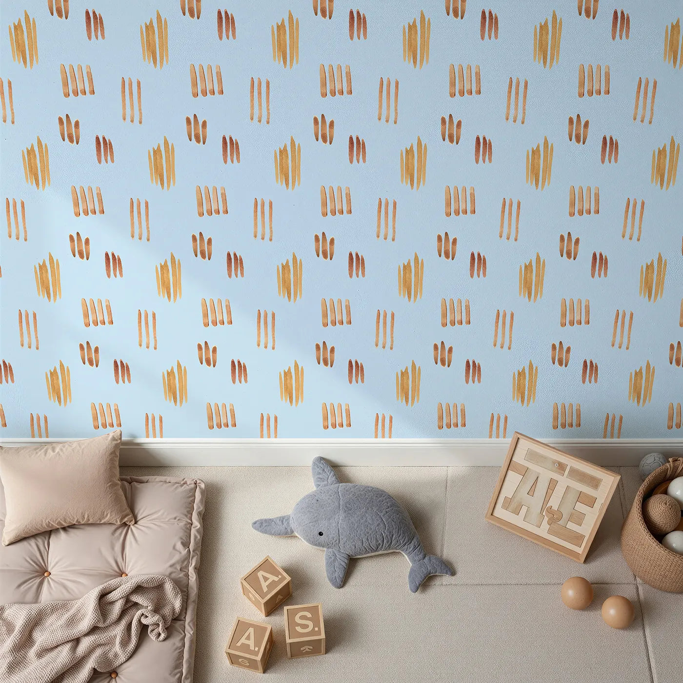 Top-Down view of Whimsy Tots' Painted Simplicity Wallpaper in Sky (W3374E).Golden strokes float gently on a clear sky blue.