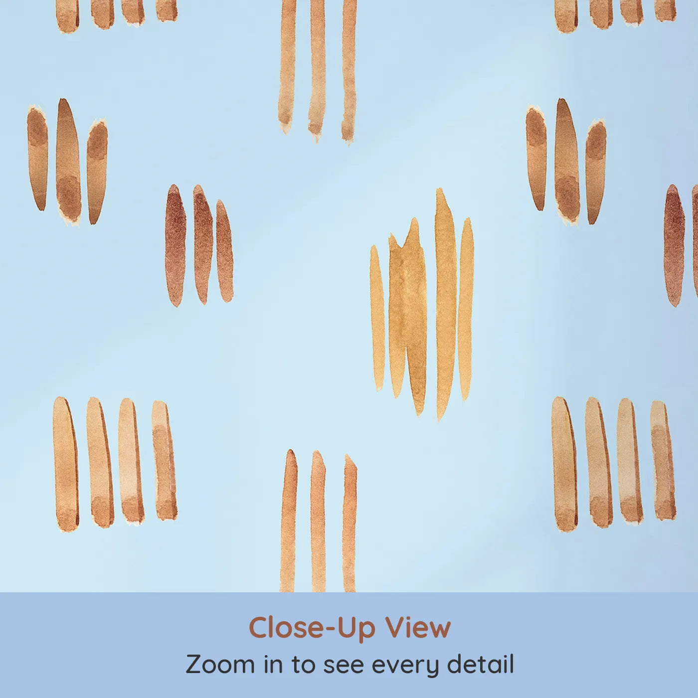 Close-up view of Whimsy Tots' Painted Simplicity Wallpaper in Sky (W3374E).Golden strokes float gently on a clear sky blue.