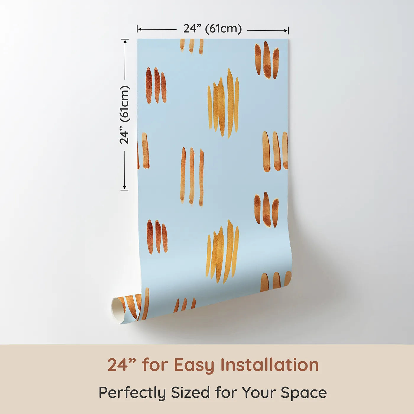 Dimension view of Whimsy Tots Painted Simplicity Wallpaper in Sky (W3374E). Printed in 24-inch-wide panel for easy installation. Golden strokes float gently on a clear sky blue.