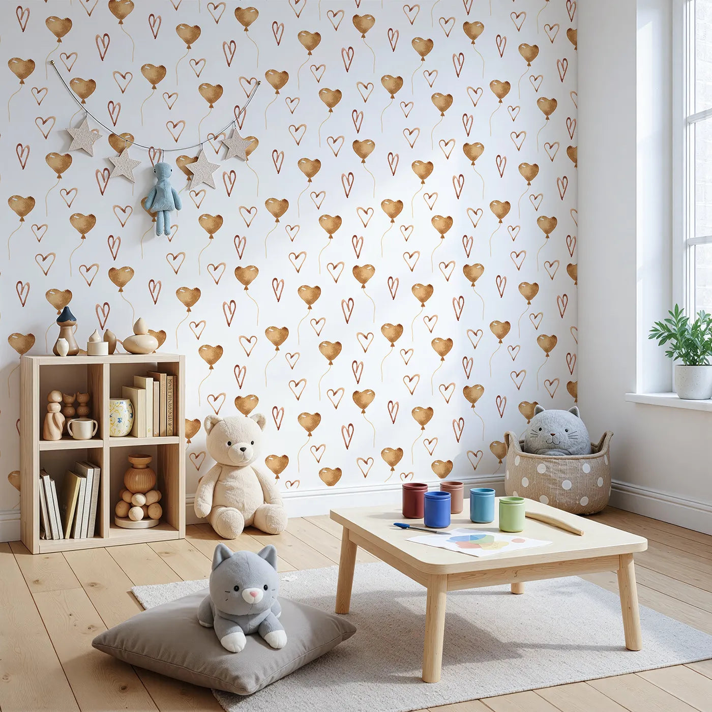 Angled view of Whimsy Tots' Heartfelt Balloons Wallpaper in White (W3375A).Heart-shaped balloons and playful lines float across a bright white sky.