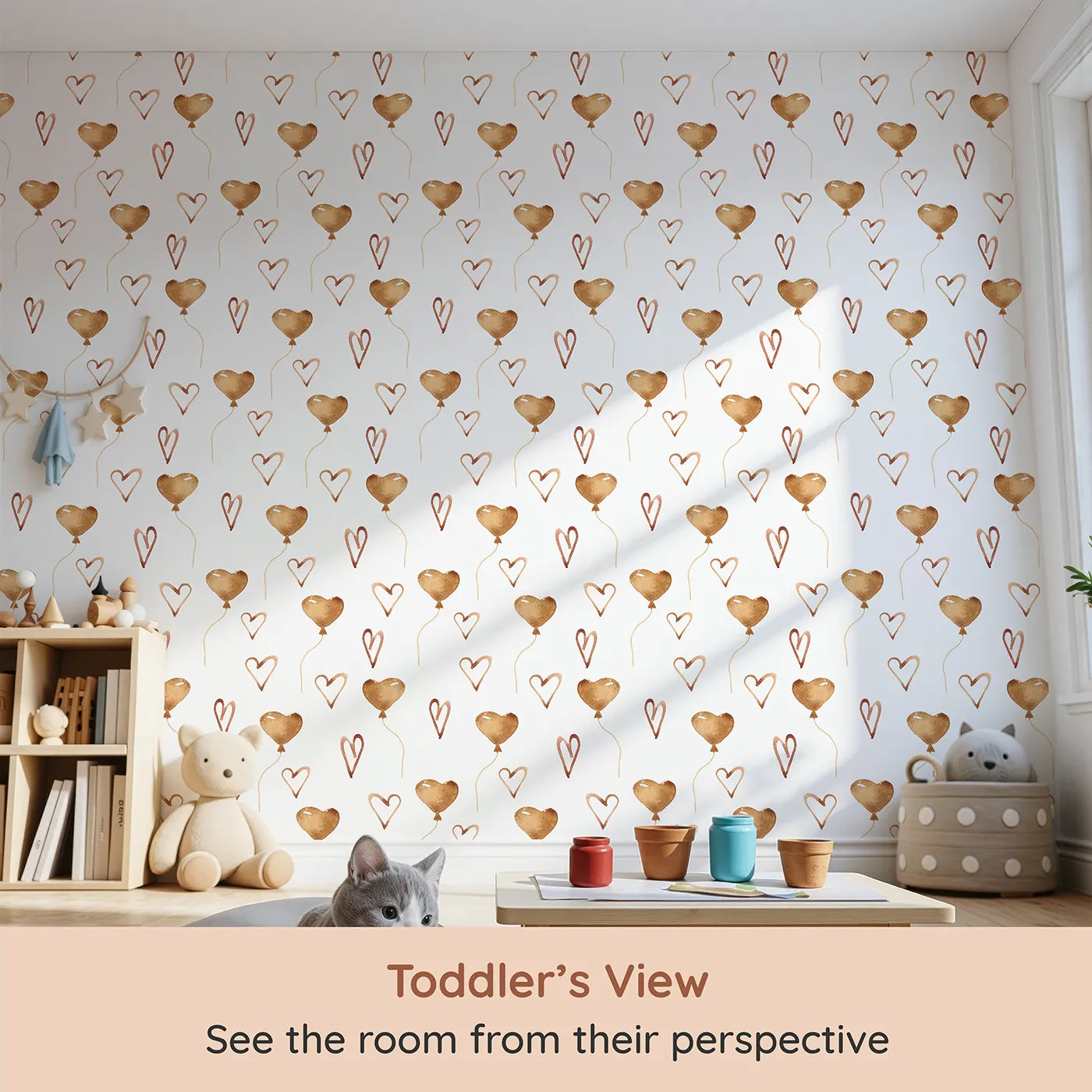 Whimsy Tots Heartfelt Balloons Wallpaper in White (W3375A) from your child's view.Heart-shaped balloons and playful lines float across a bright white sky.