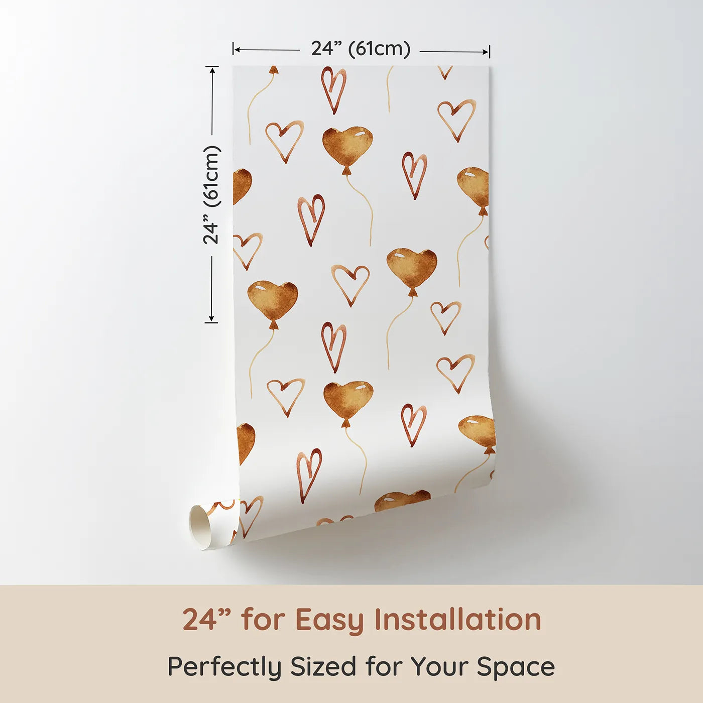 Dimension view of Whimsy Tots Heartfelt Balloons Wallpaper in White (W3375A). Printed in 24-inch-wide panel for easy installation. Heart-shaped balloons and playful lines float across a bright white sky.