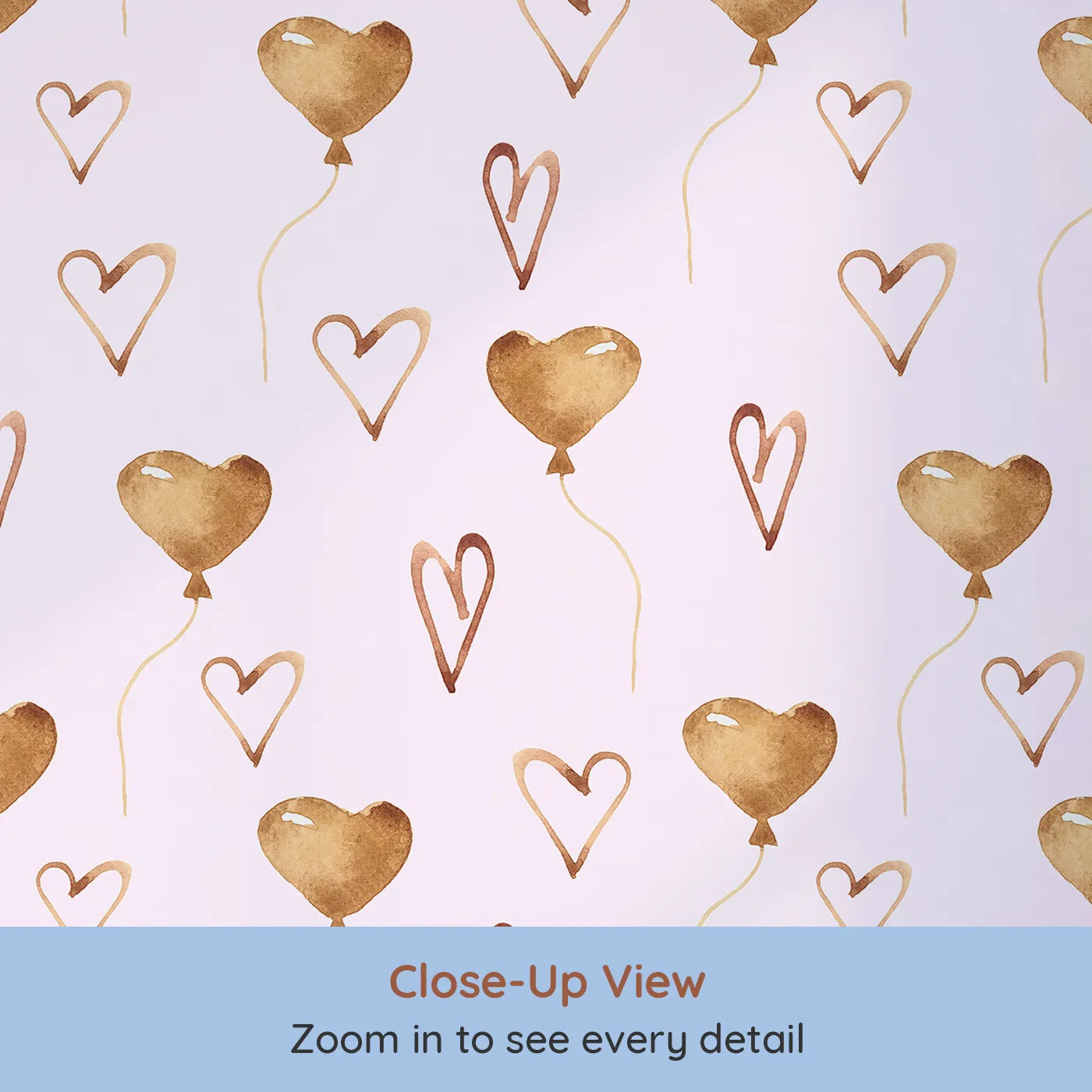Close-up view of Whimsy Tots' Heartfelt Balloons Wallpaper in Pink (W3375B).Watercolor heart balloons drift gently on a soft pink breeze.