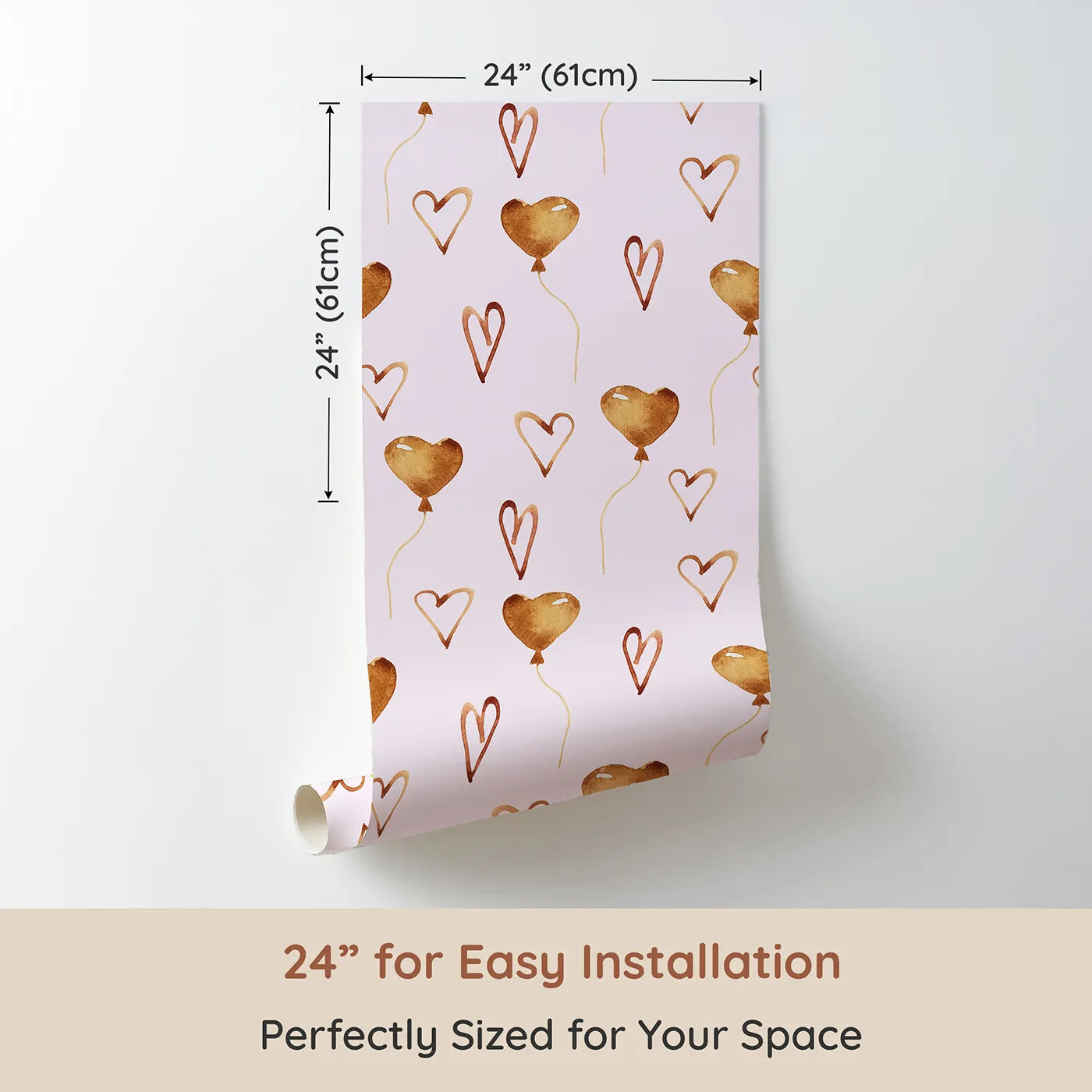 Dimension view of Whimsy Tots Heartfelt Balloons Wallpaper in Pink (W3375B). Printed in 24-inch-wide panel for easy installation. Watercolor heart balloons drift gently on a soft pink breeze.