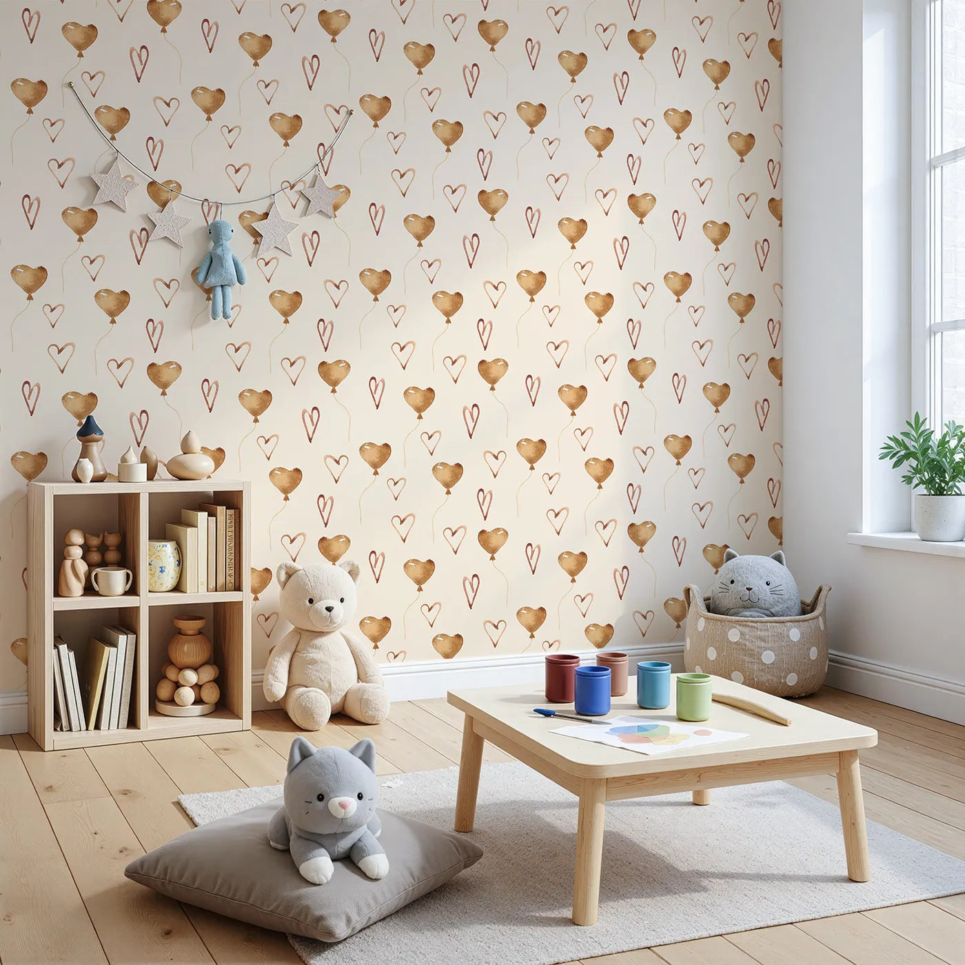 Angled view of Whimsy Tots' Heartfelt Balloons Wallpaper in Cream (W3375C).Soft watercolor hearts drift gently across a warm cream sky.