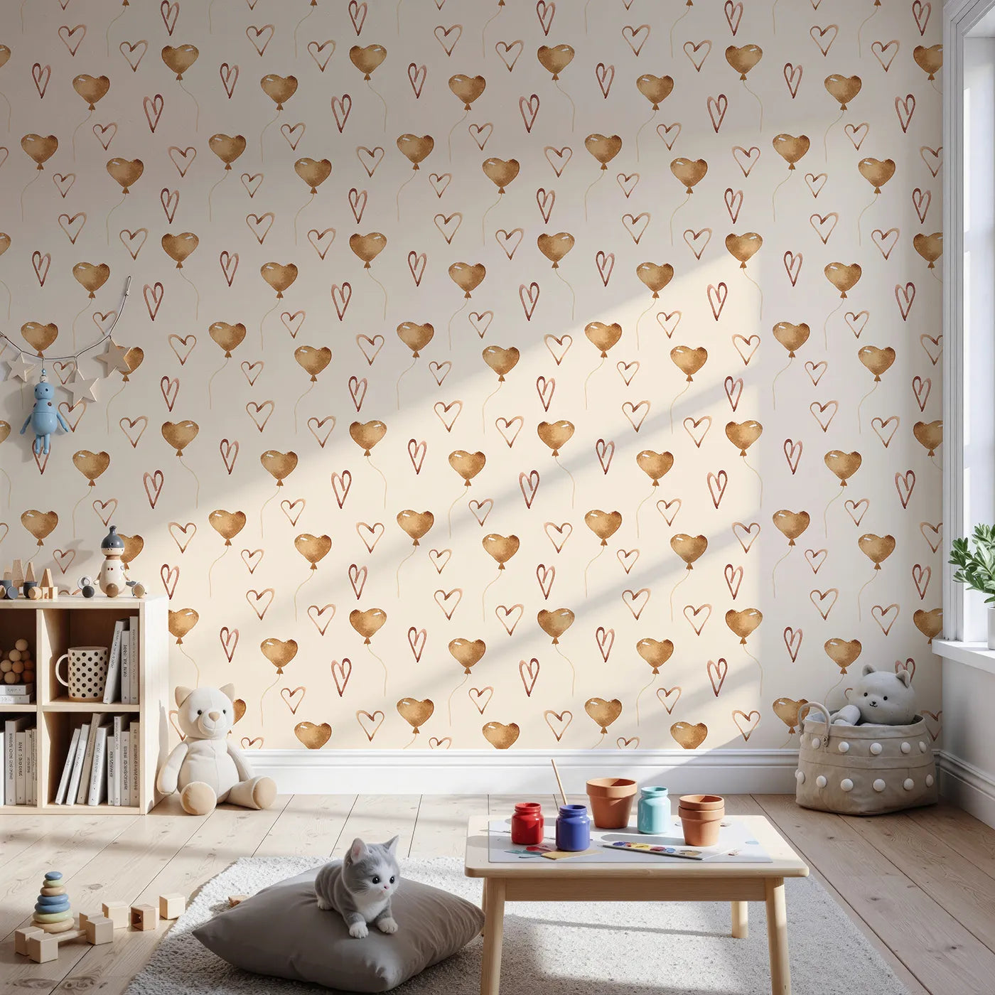 Front view of Whimsy Tots' Heartfelt Balloons Wallpaper in Cream