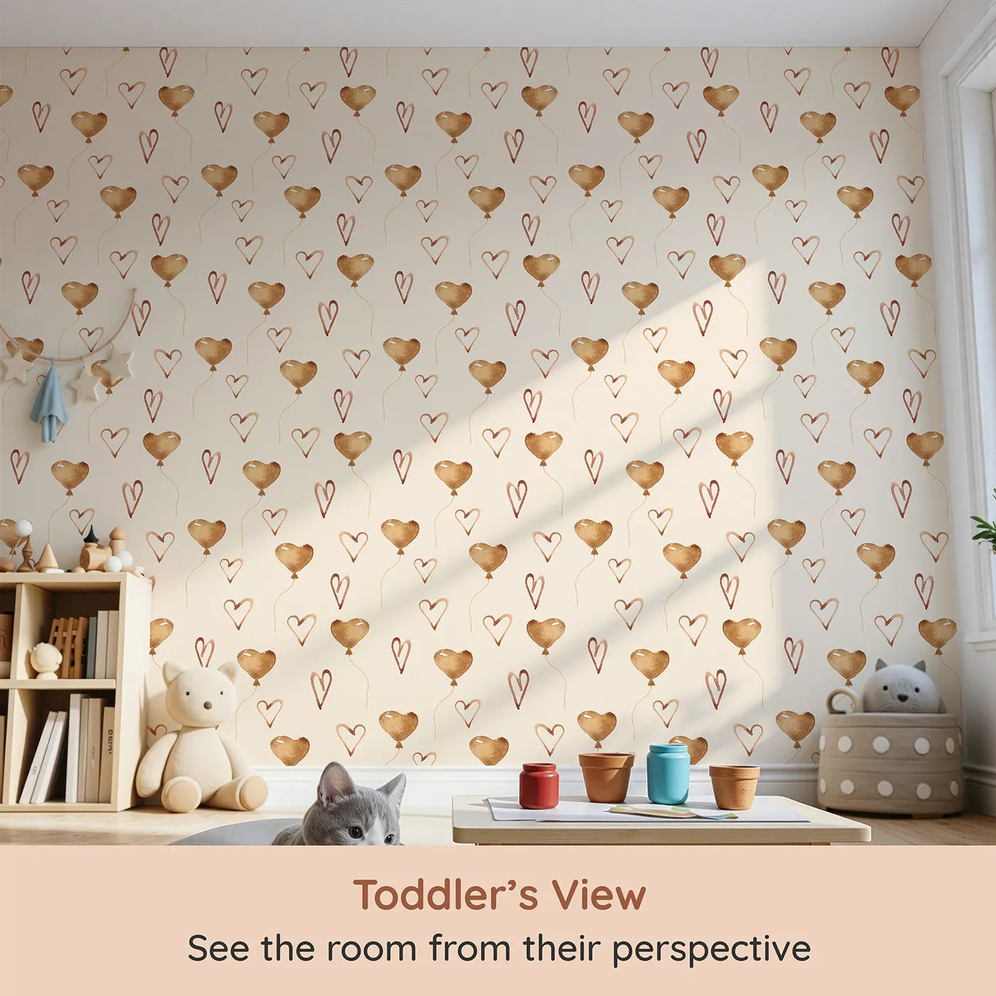 Whimsy Tots Heartfelt Balloons Wallpaper in Cream (W3375C) from your child's view.Soft watercolor hearts drift gently across a warm cream sky.