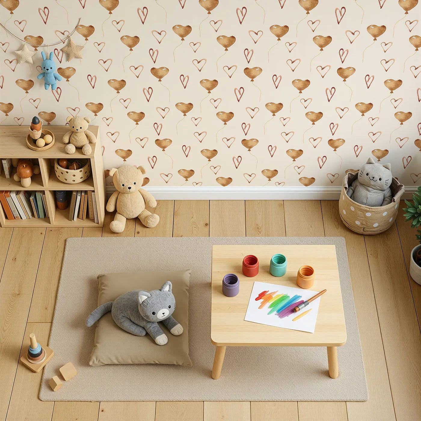 Top-Down view of Whimsy Tots' Heartfelt Balloons Wallpaper in Cream (W3375C).Soft watercolor hearts drift gently across a warm cream sky.