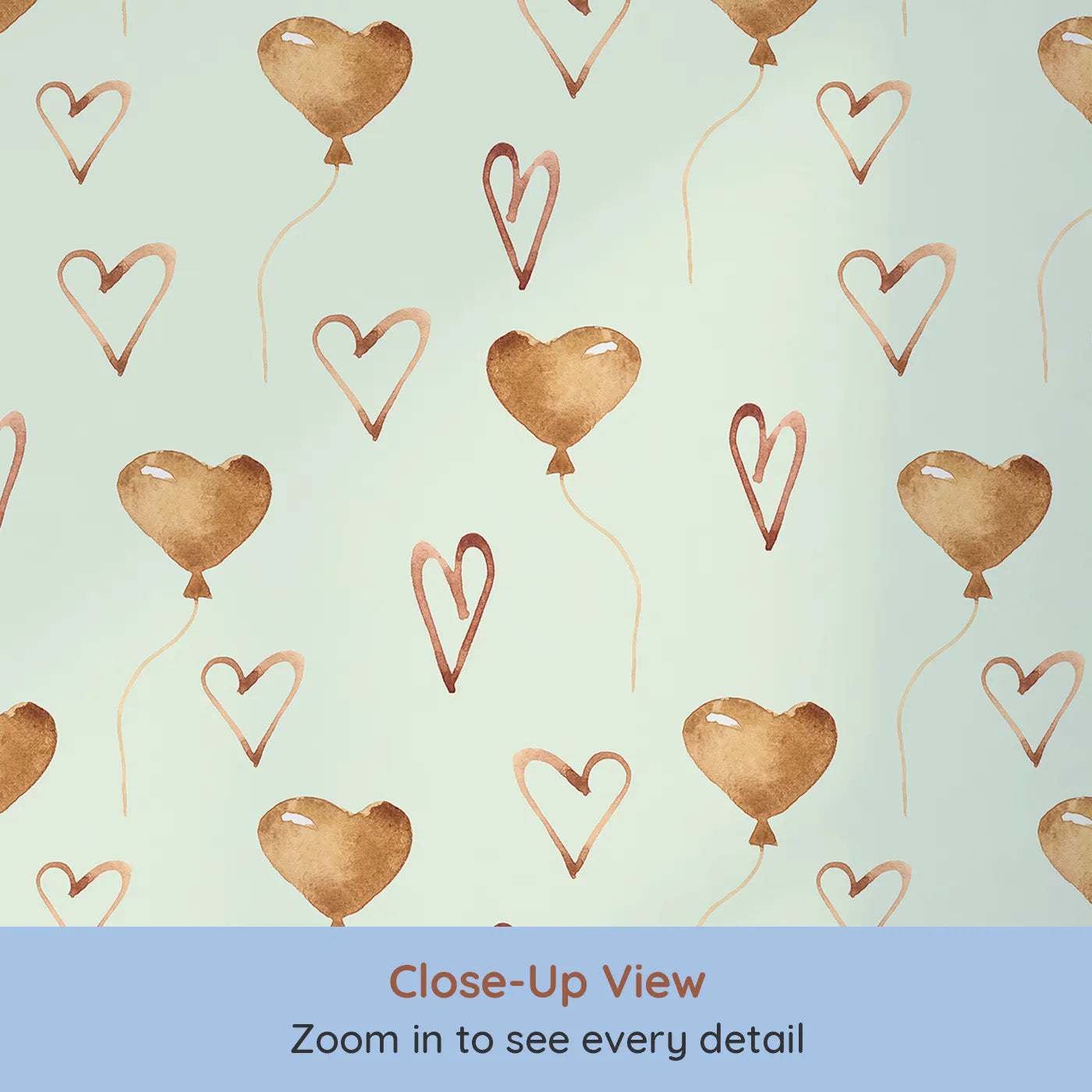 Close-up view of Whimsy Tots' Heartfelt Balloons Wallpaper in Mint Green (W3375D).Heart balloons and playful sketches float on a soft mint green breeze.