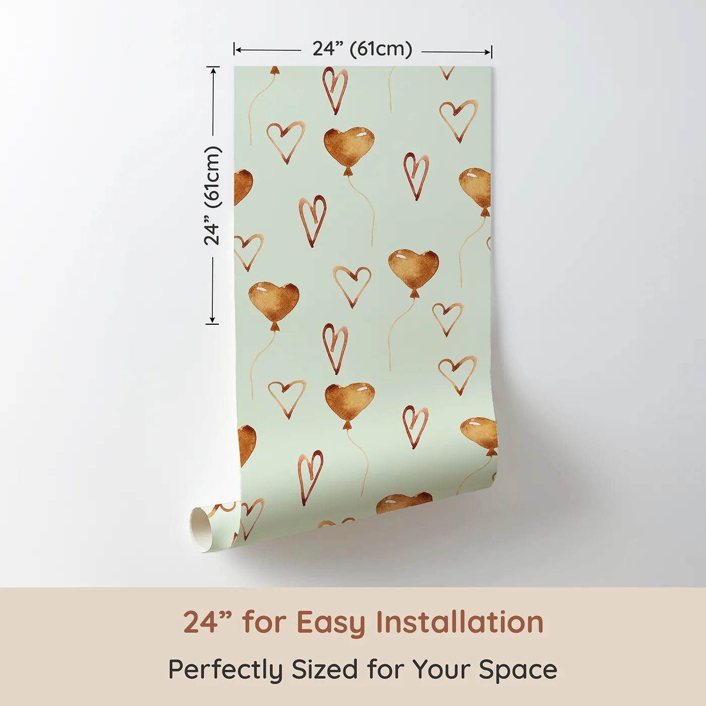 Dimension view of Whimsy Tots Heartfelt Balloons Wallpaper in Mint Green (W3375D). Printed in 24-inch-wide panel for easy installation. Heart balloons and playful sketches float on a soft mint green breeze.