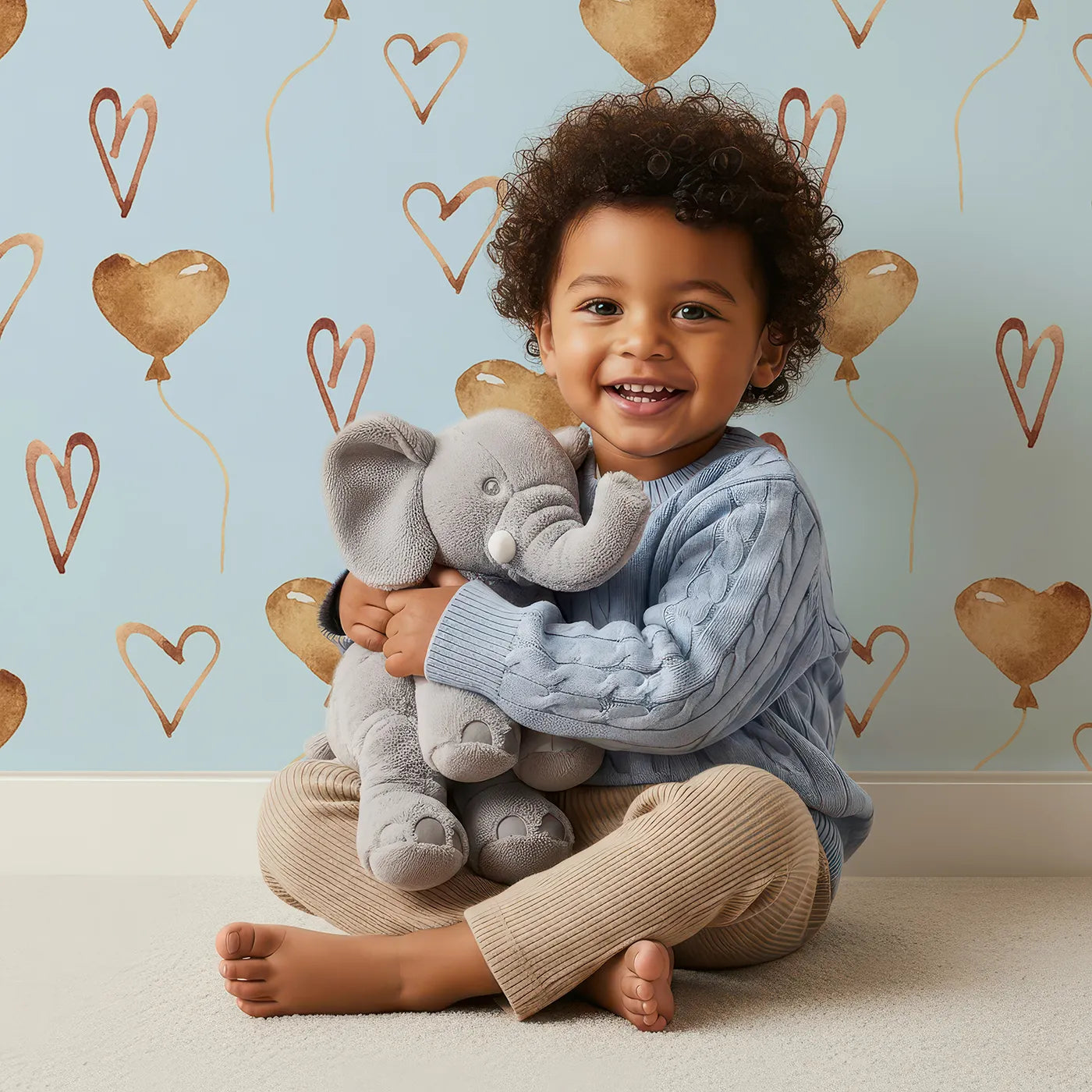 Lovely child standing in front of Whimsy Tots Heartfelt Balloons Wallpaper in Sky with heart, balloon, outline in design.