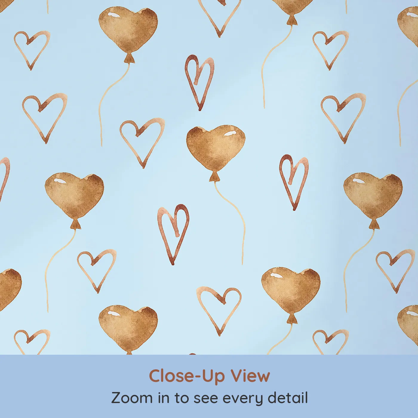 Close-up view of Whimsy Tots' Heartfelt Balloons Wallpaper in Sky (W3375E).Heart balloons rise softly across a peaceful sky blue background.