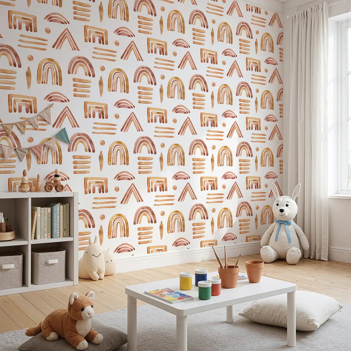 Angled view of Whimsy Tots' Sun-Drenched Shapes Wallpaper in White (W3376A).Warm geometric brushstrokes fill the room with earthy energy.