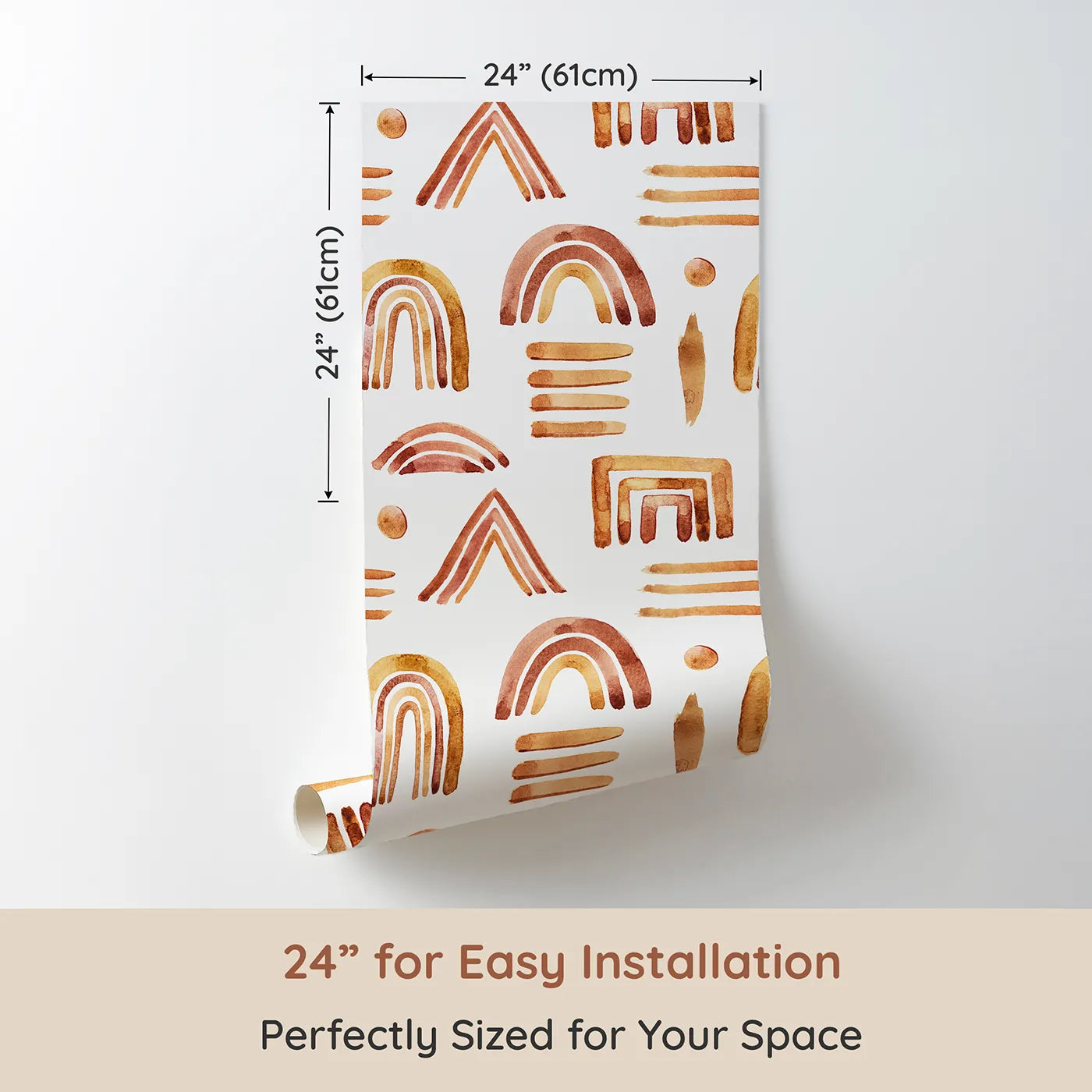 Dimension view of Whimsy Tots Sun-Drenched Shapes Wallpaper in White (W3376A). Printed in 24-inch-wide panel for easy installation. Warm geometric brushstrokes fill the room with earthy energy.