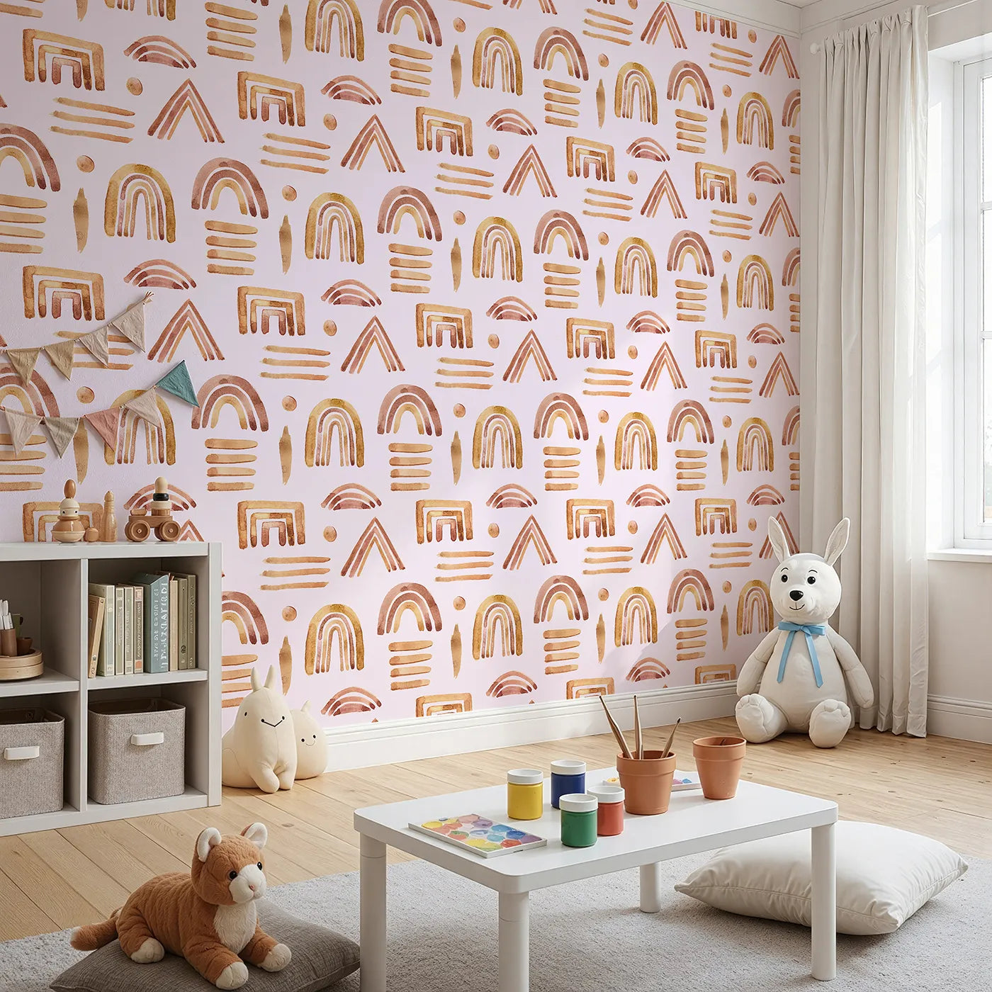 Angled view of Whimsy Tots' Sun-Drenched Shapes Wallpaper in Cream (W3376B).Hand-drawn rainbows and lines dance gently in cozy earthy tones.