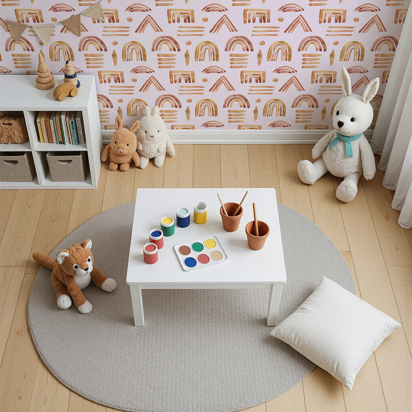 Top-Down view of Whimsy Tots' Sun-Drenched Shapes Wallpaper in Cream (W3376B).Hand-drawn rainbows and lines dance gently in cozy earthy tones.