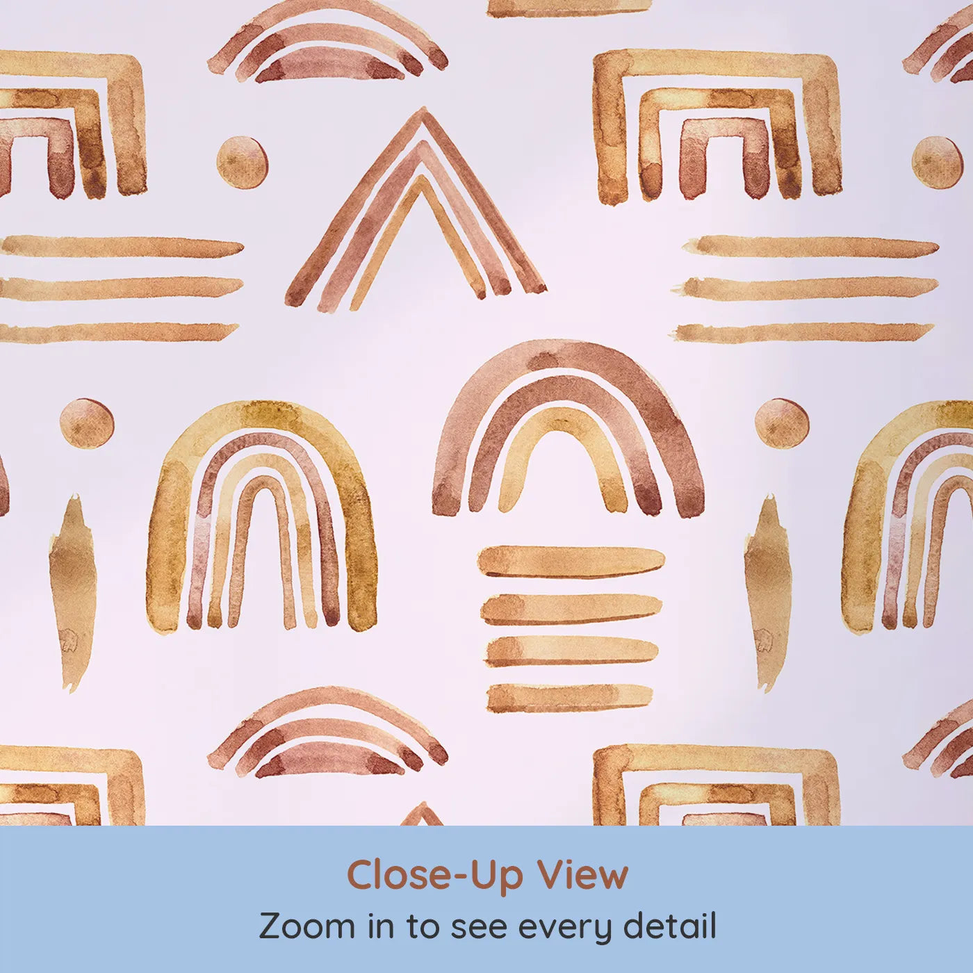 Close-up view of Whimsy Tots' Sun-Drenched Shapes Wallpaper in Cream (W3376B).Hand-drawn rainbows and lines dance gently in cozy earthy tones.