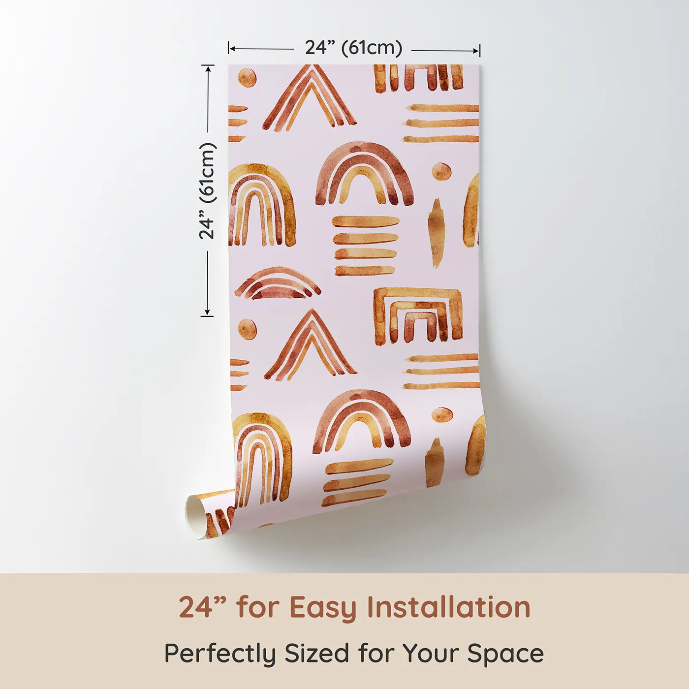 Dimension view of Whimsy Tots Sun-Drenched Shapes Wallpaper in Cream (W3376B). Printed in 24-inch-wide panel for easy installation. Hand-drawn rainbows and lines dance gently in cozy earthy tones.