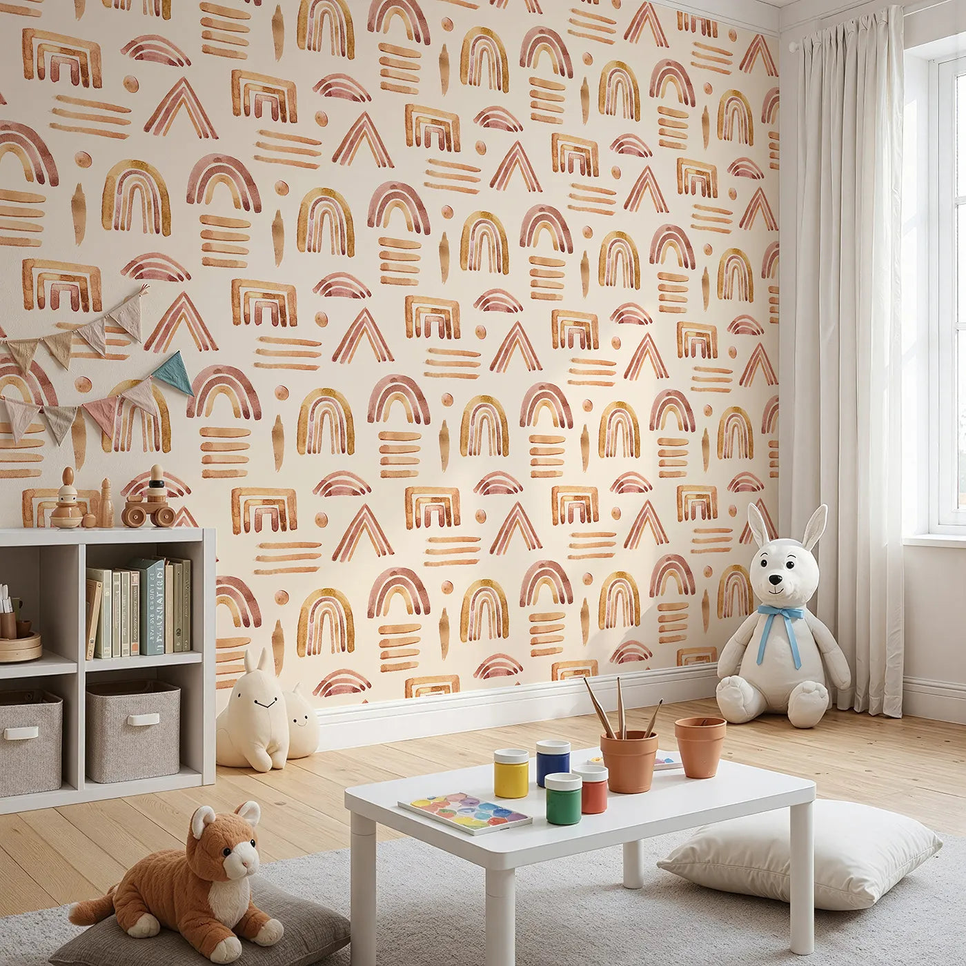 Angled view of Whimsy Tots' Sun-Drenched Shapes Wallpaper in Blush Pink (W3376C).Blushy brushstrokes and earthy rainbows spark joy in every corner.