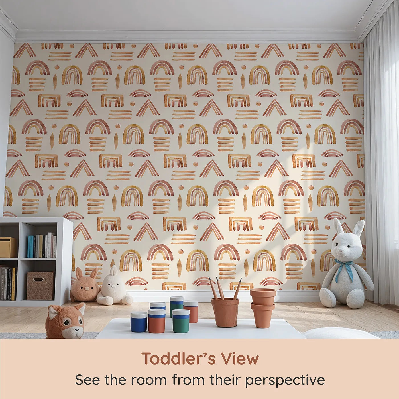 Whimsy Tots Sun-Drenched Shapes Wallpaper in Blush Pink (W3376C) from your child's view.Blushy brushstrokes and earthy rainbows spark joy in every corner.