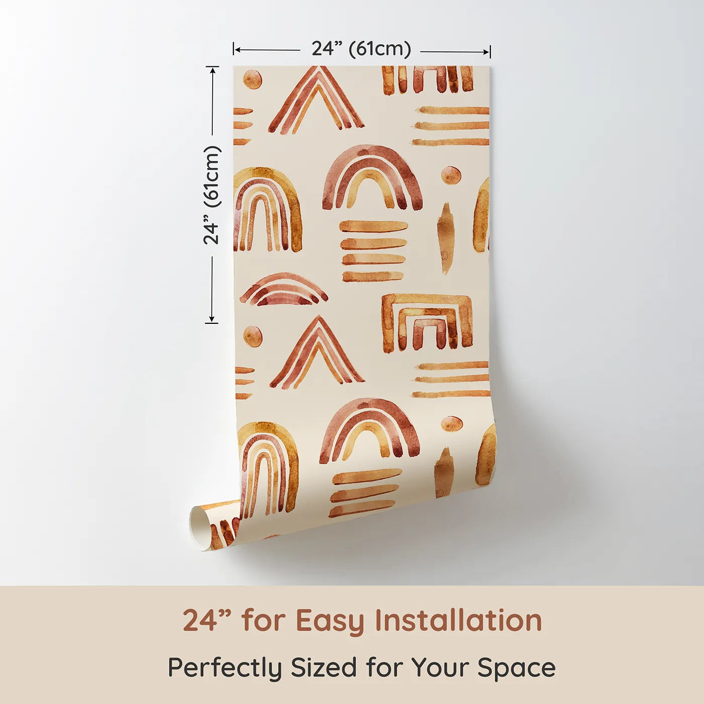 Dimension view of Whimsy Tots Sun-Drenched Shapes Wallpaper in Blush Pink (W3376C). Printed in 24-inch-wide panel for easy installation. Blushy brushstrokes and earthy rainbows spark joy in every corner.