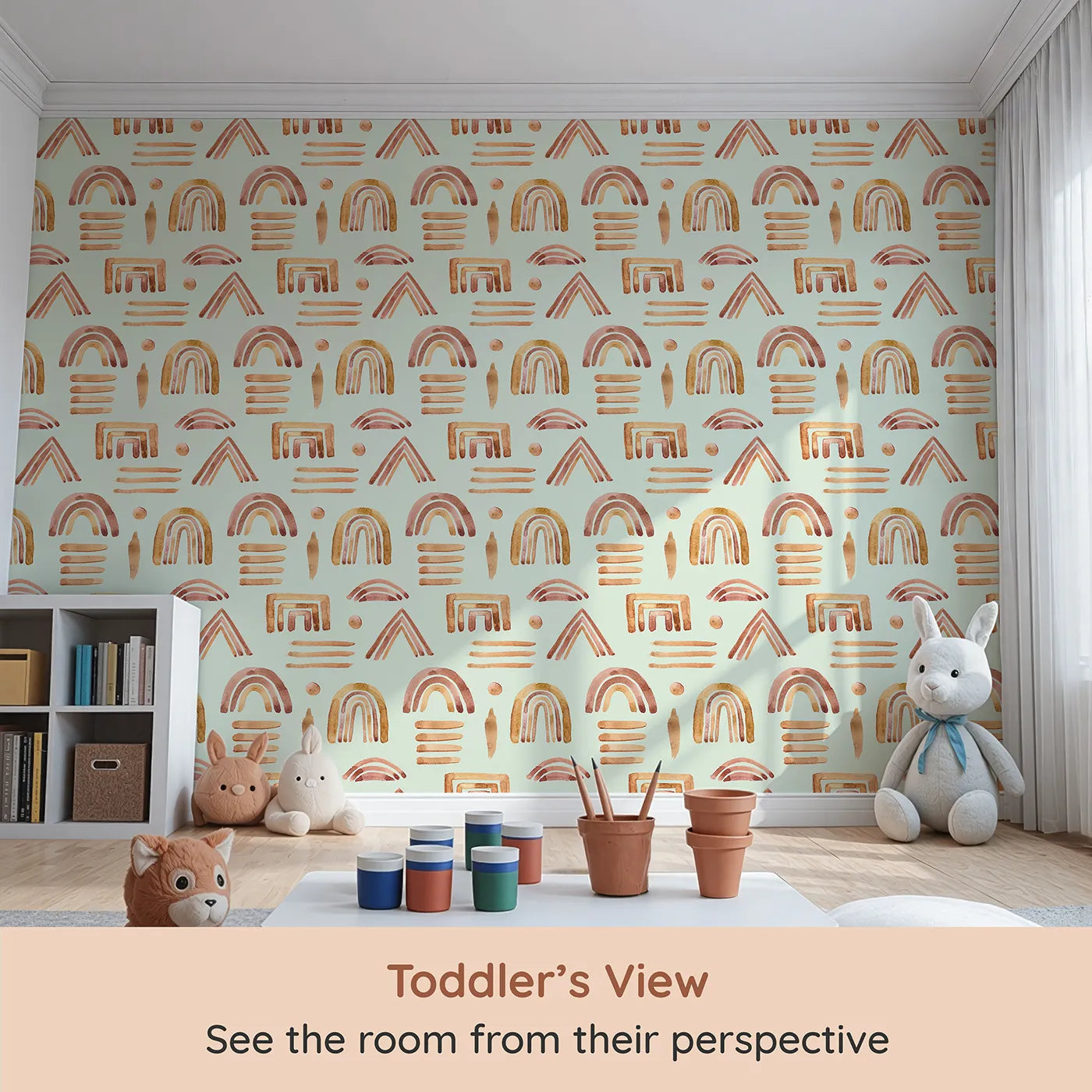 Whimsy Tots Sun-Drenched Shapes Wallpaper in Mint Green (W3376D) from your child's view.Hand-painted shapes shine bright on a soothing minty breeze.