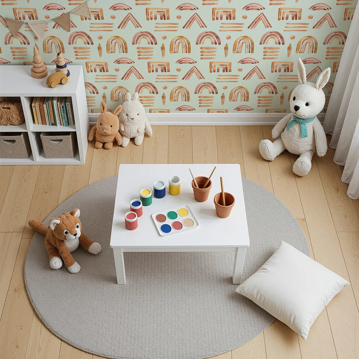 Top-Down view of Whimsy Tots' Sun-Drenched Shapes Wallpaper in Mint Green (W3376D).Hand-painted shapes shine bright on a soothing minty breeze.