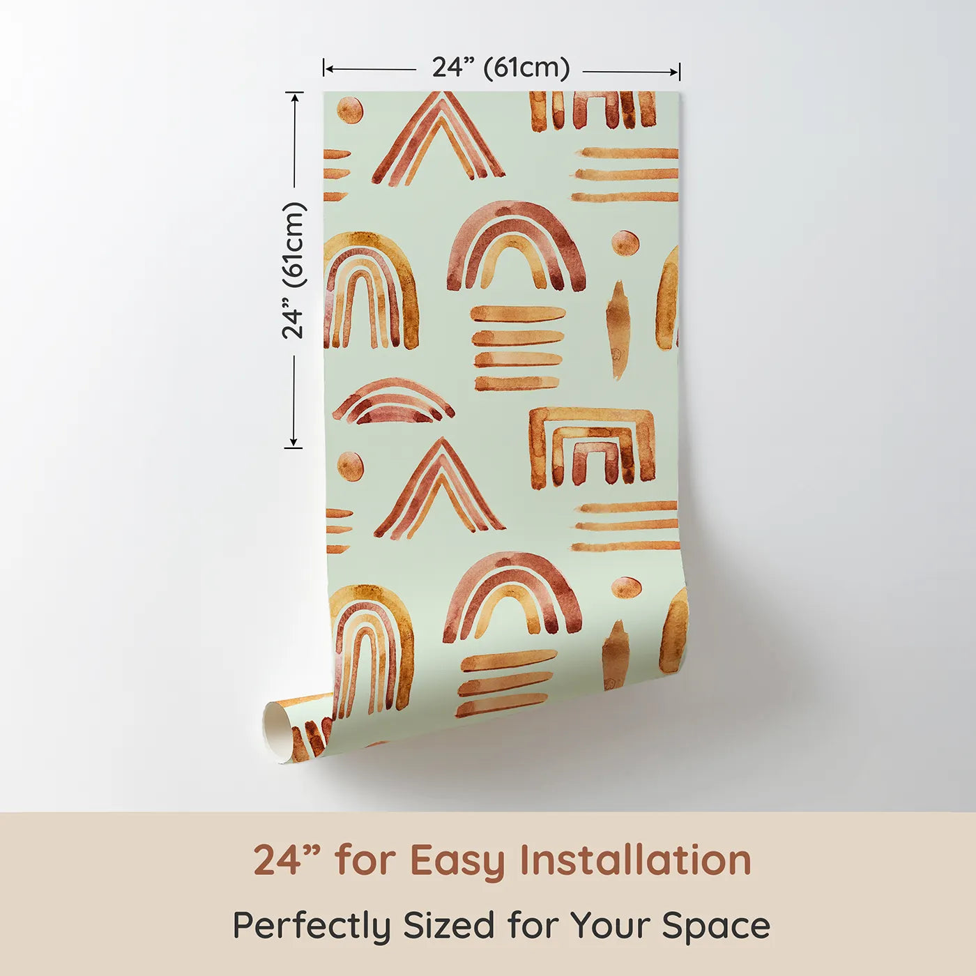 Dimension view of Whimsy Tots Sun-Drenched Shapes Wallpaper in Mint Green (W3376D). Printed in 24-inch-wide panel for easy installation. Hand-painted shapes shine bright on a soothing minty breeze.