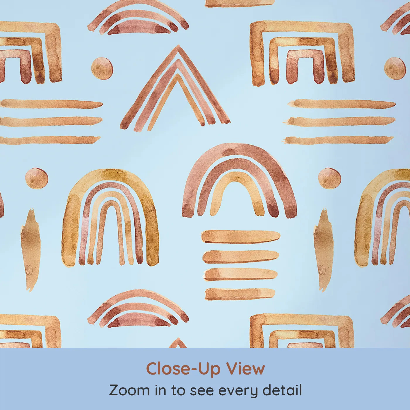 Close-up view of Whimsy Tots' Sun-Drenched Shapes Wallpaper in Sky (W3376E).Earthy rainbows float softly on a sky-blue daydream.