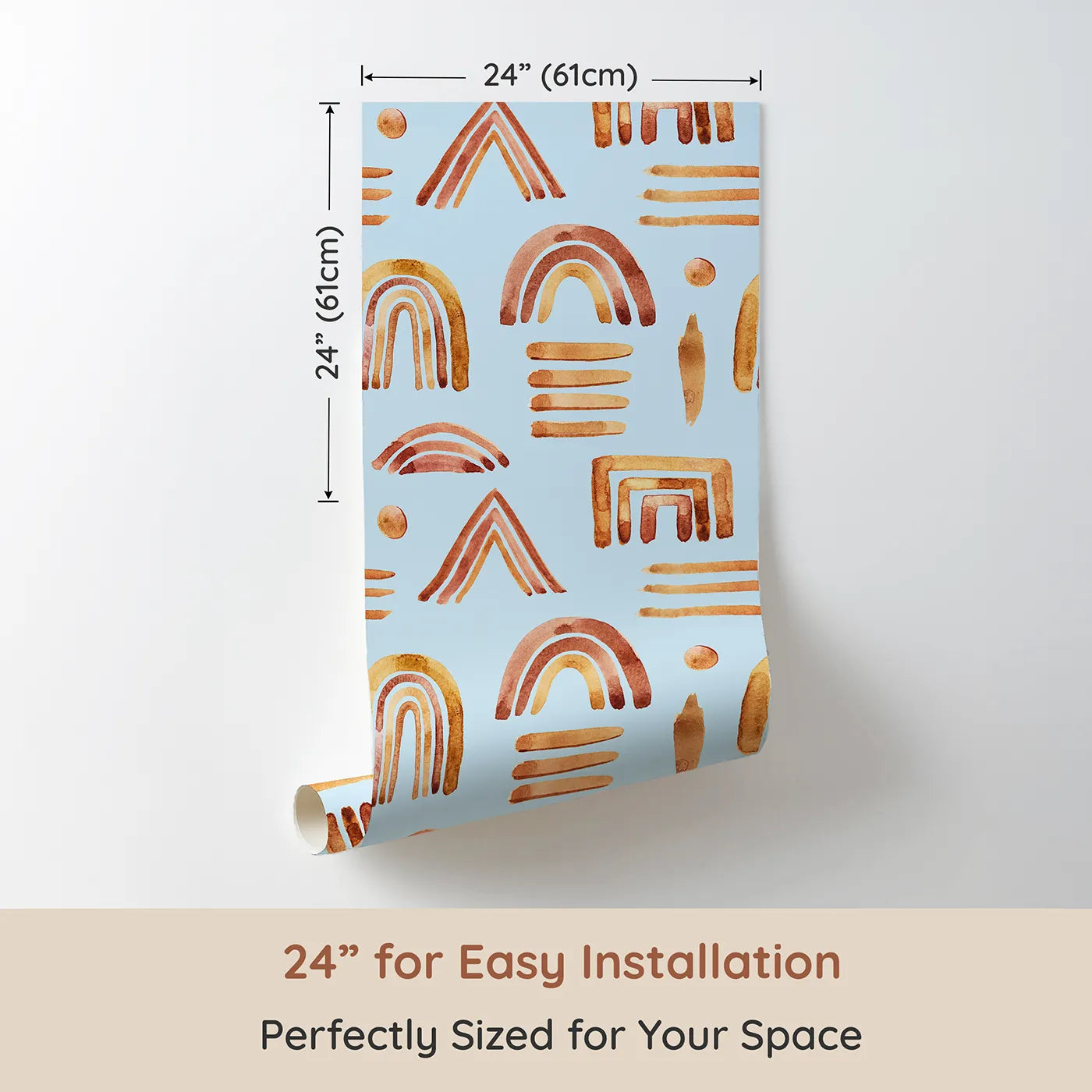 Dimension view of Whimsy Tots Sun-Drenched Shapes Wallpaper in Sky (W3376E). Printed in 24-inch-wide panel for easy installation. Earthy rainbows float softly on a sky-blue daydream.