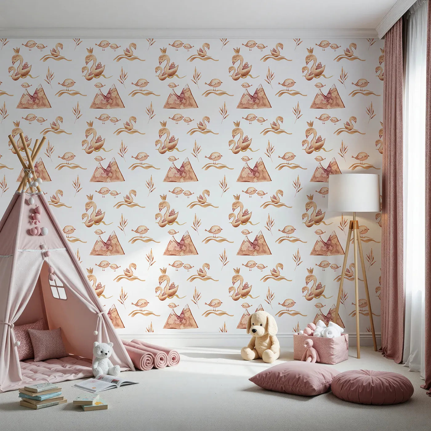 Front view of Whimsy Tots' Feathered Serenity Wallpaper in White