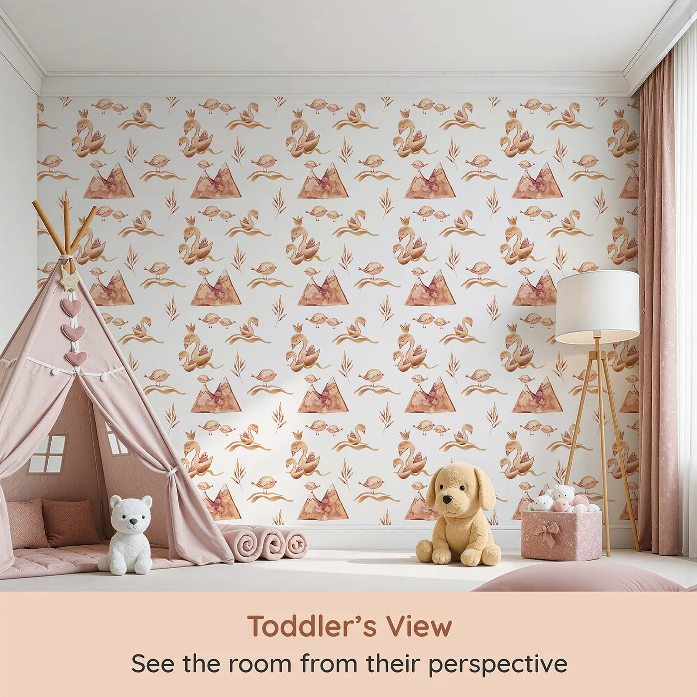 Whimsy Tots Feathered Serenity Wallpaper in White (W3377A) from your child's view.Sweet swans and sleepy birds float softly on a calm white sky.