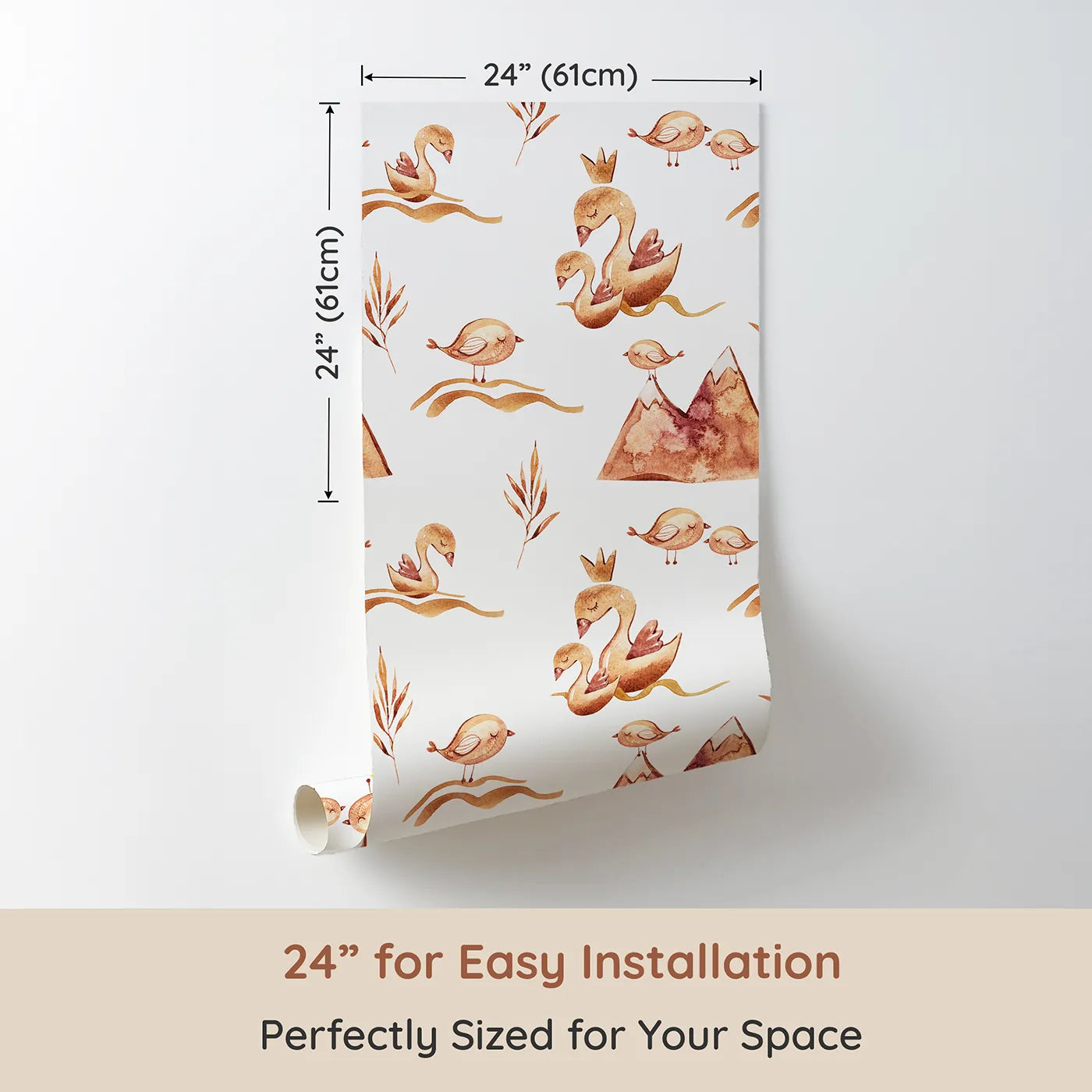 Dimension view of Whimsy Tots Feathered Serenity Wallpaper in White (W3377A). Printed in 24-inch-wide panel for easy installation. Sweet swans and sleepy birds float softly on a calm white sky.