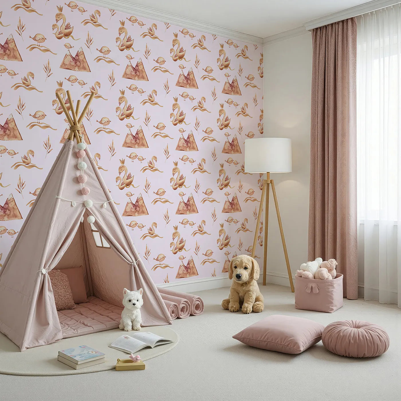 Angled view of Whimsy Tots' Feathered Serenity Wallpaper in Blush (W3377B).Swans and baby birds glide peacefully across a blush-toned dream.