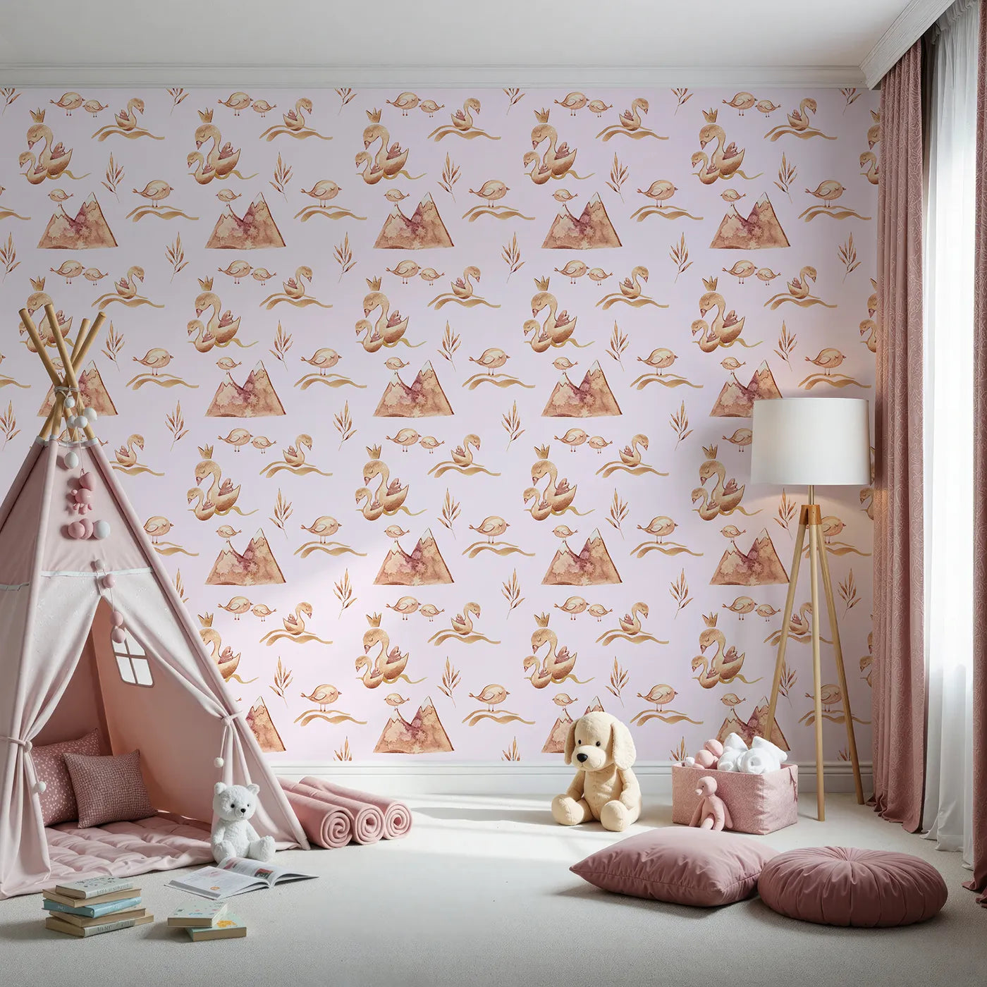 Front view of Whimsy Tots' Feathered Serenity Wallpaper in Blush