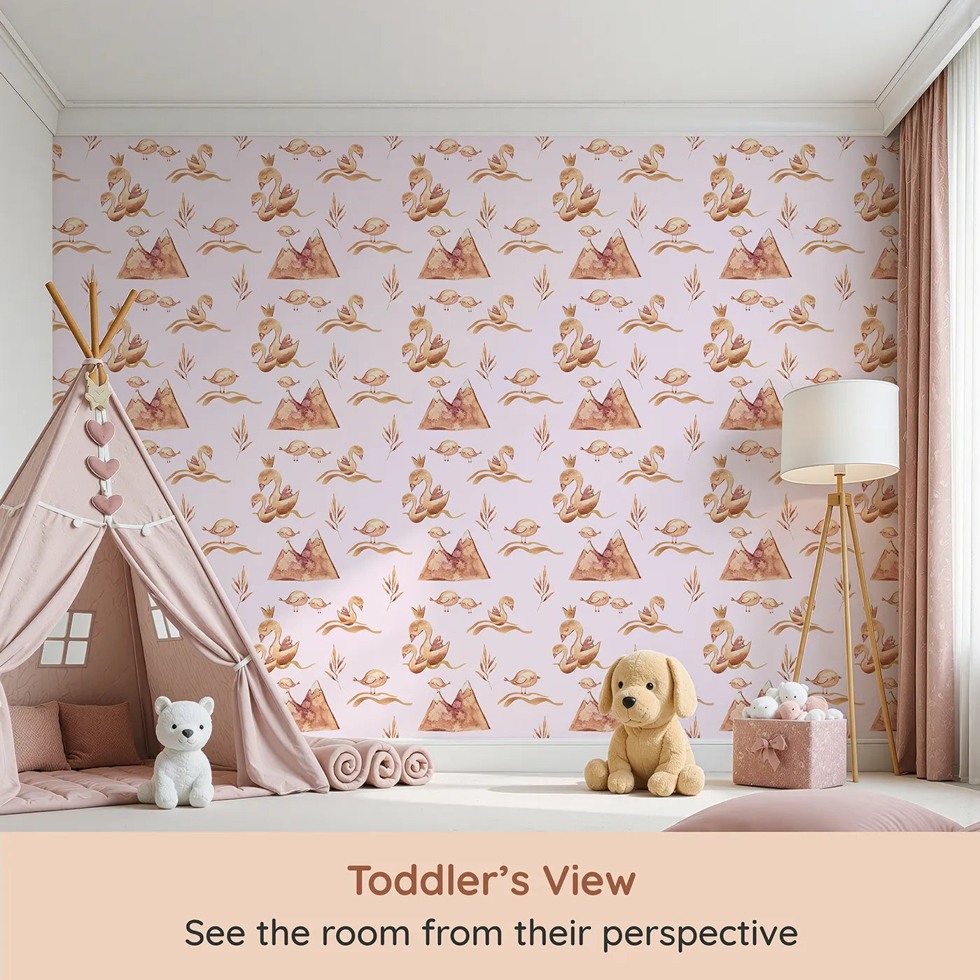 Whimsy Tots Feathered Serenity Wallpaper in Blush (W3377B) from your child's view.Swans and baby birds glide peacefully across a blush-toned dream.