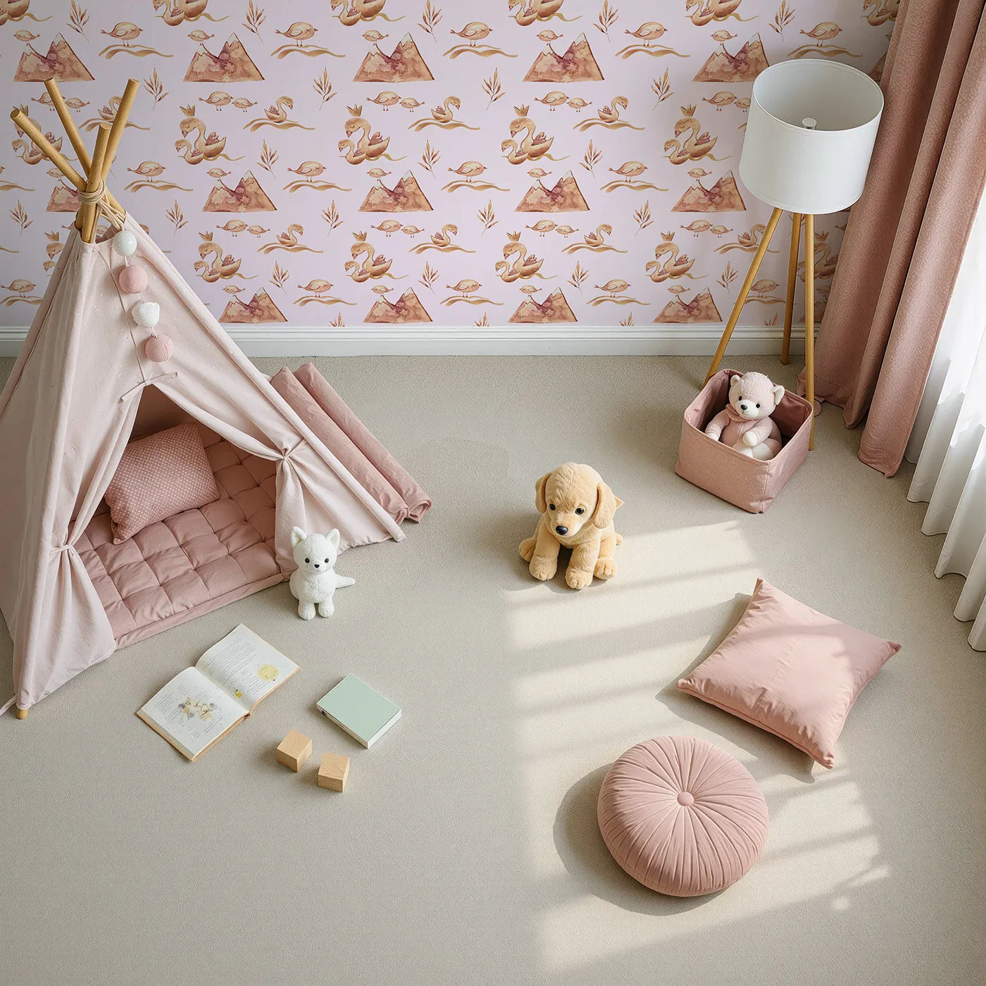 Top-Down view of Whimsy Tots' Feathered Serenity Wallpaper in Blush (W3377B).Swans and baby birds glide peacefully across a blush-toned dream.