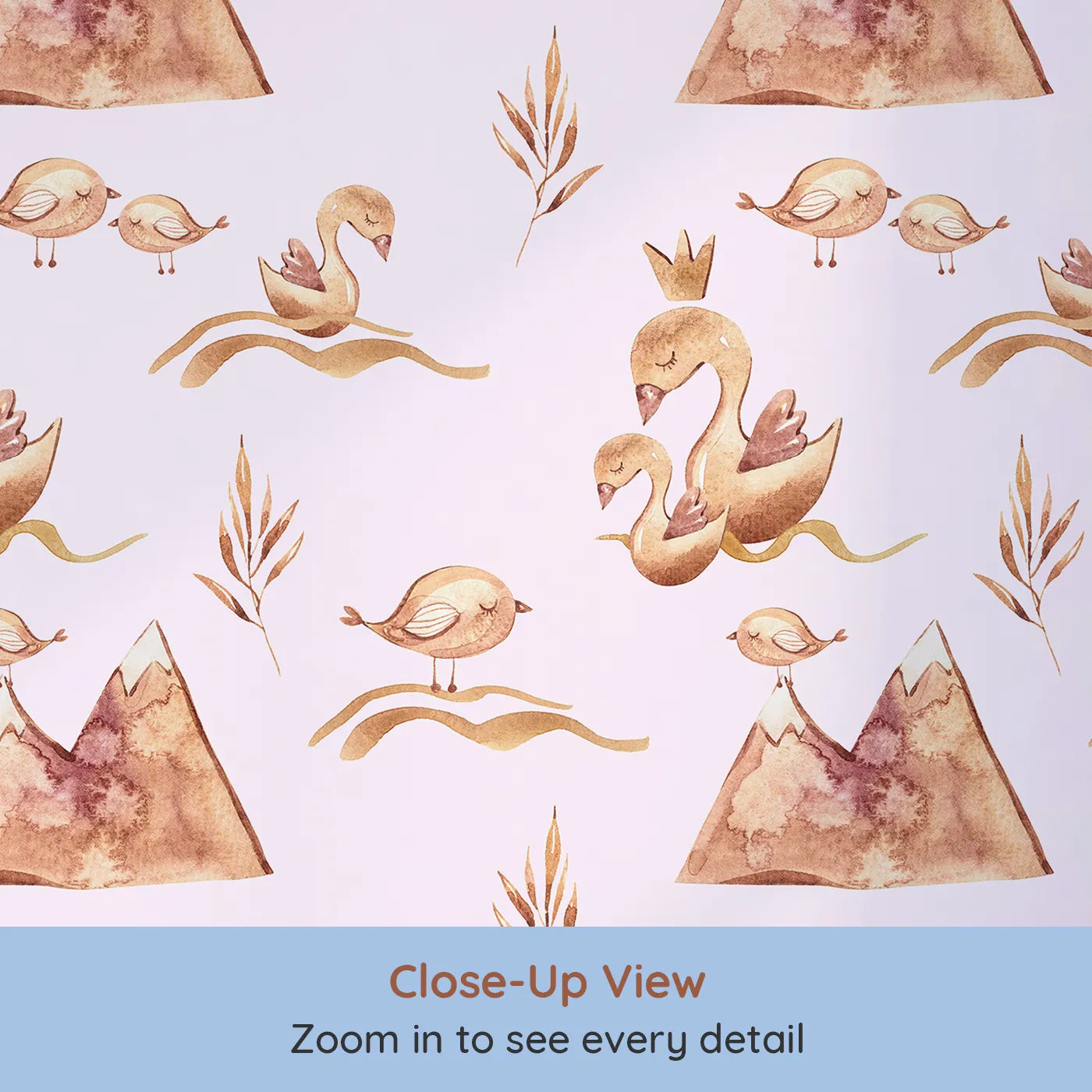 Close-up view of Whimsy Tots' Feathered Serenity Wallpaper in Blush (W3377B).Swans and baby birds glide peacefully across a blush-toned dream.