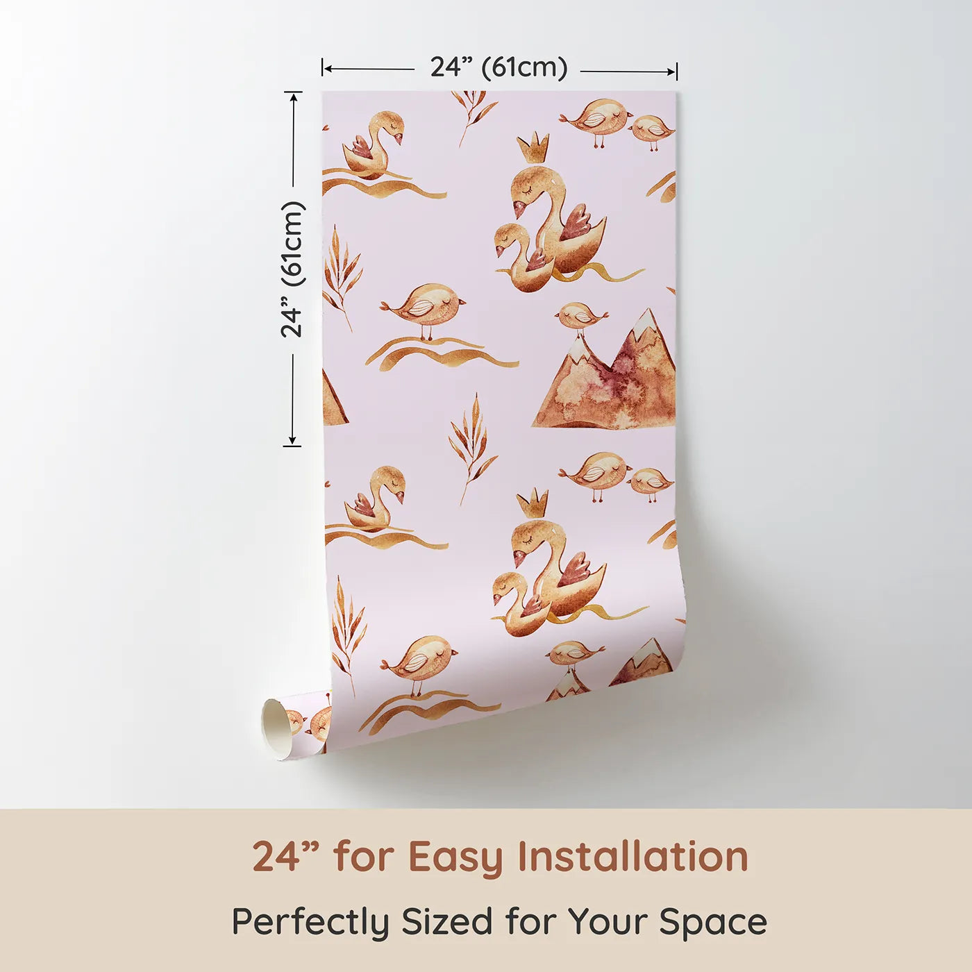 Dimension view of Whimsy Tots Feathered Serenity Wallpaper in Blush (W3377B). Printed in 24-inch-wide panel for easy installation. Swans and baby birds glide peacefully across a blush-toned dream.