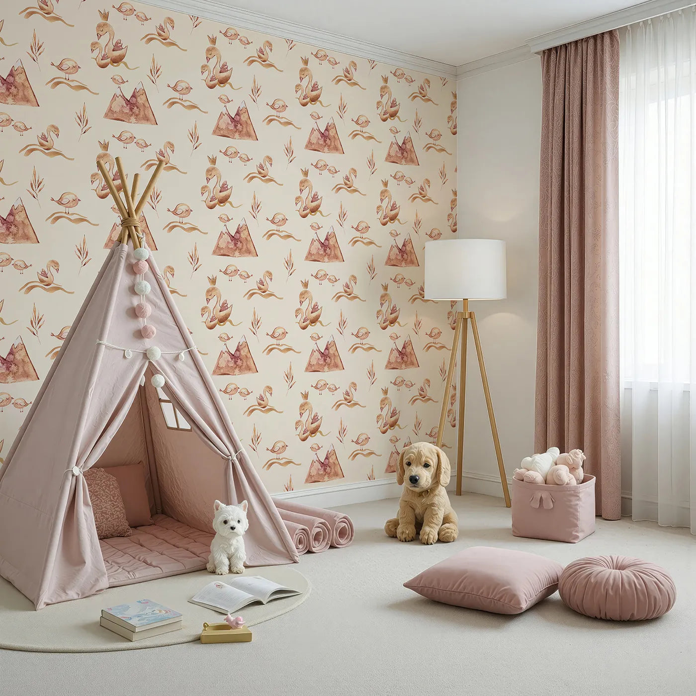 Angled view of Whimsy Tots' Feathered Serenity Wallpaper in Cream (W3377C).Golden birds and crowned swans float softly on a creamy dream.