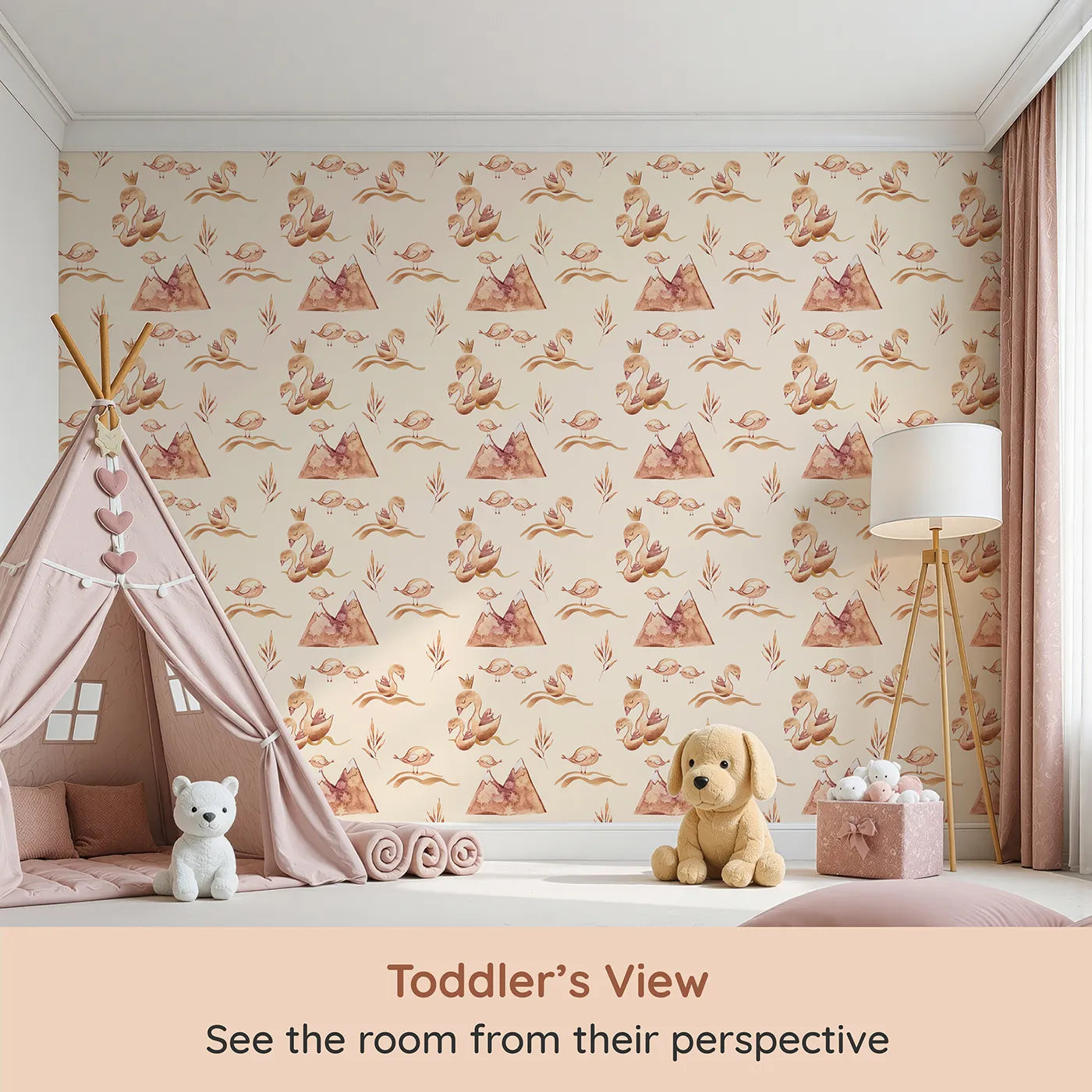 Whimsy Tots Feathered Serenity Wallpaper in Cream (W3377C) from your child's view.Golden birds and crowned swans float softly on a creamy dream.