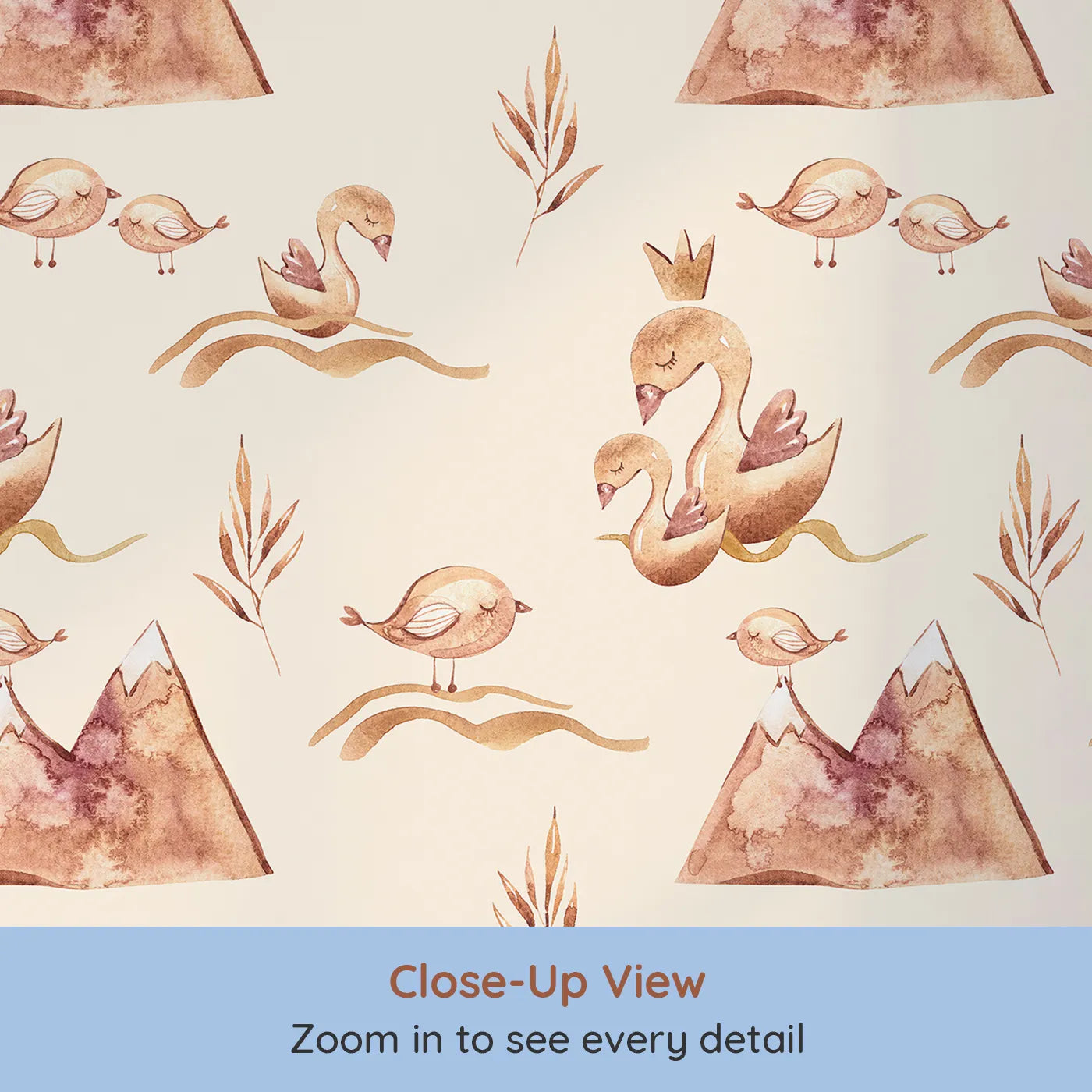 Close-up view of Whimsy Tots' Feathered Serenity Wallpaper in Cream (W3377C).Golden birds and crowned swans float softly on a creamy dream.