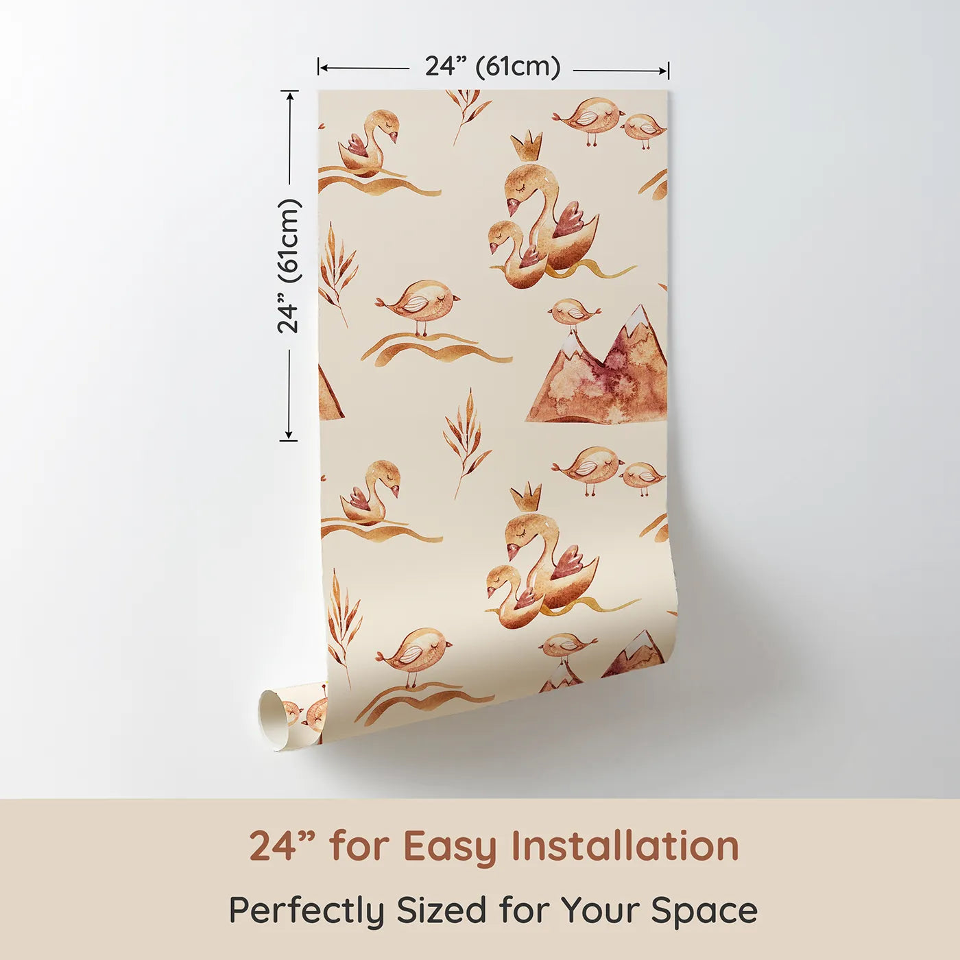 Dimension view of Whimsy Tots Feathered Serenity Wallpaper in Cream (W3377C). Printed in 24-inch-wide panel for easy installation. Golden birds and crowned swans float softly on a creamy dream.